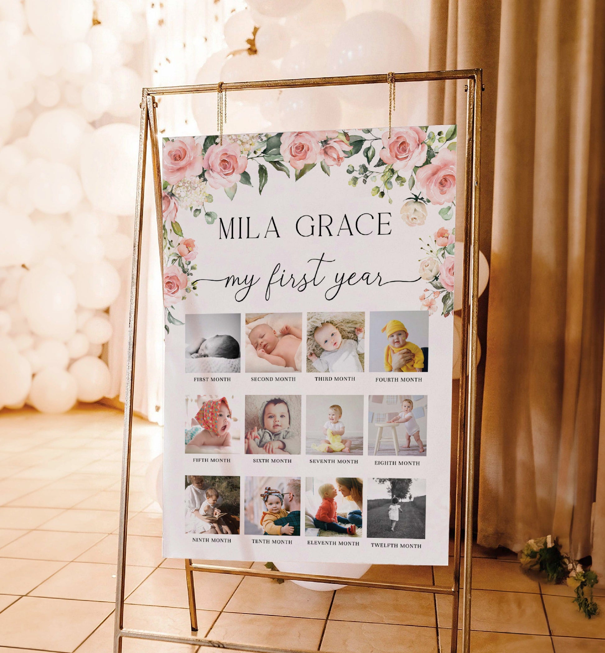 First Birthday Photo Timeline Sign, Printable 1st Birthday Photo Banner, First Year Photo Collage Sign, Monthly Photo Milestone Sign, Darcy