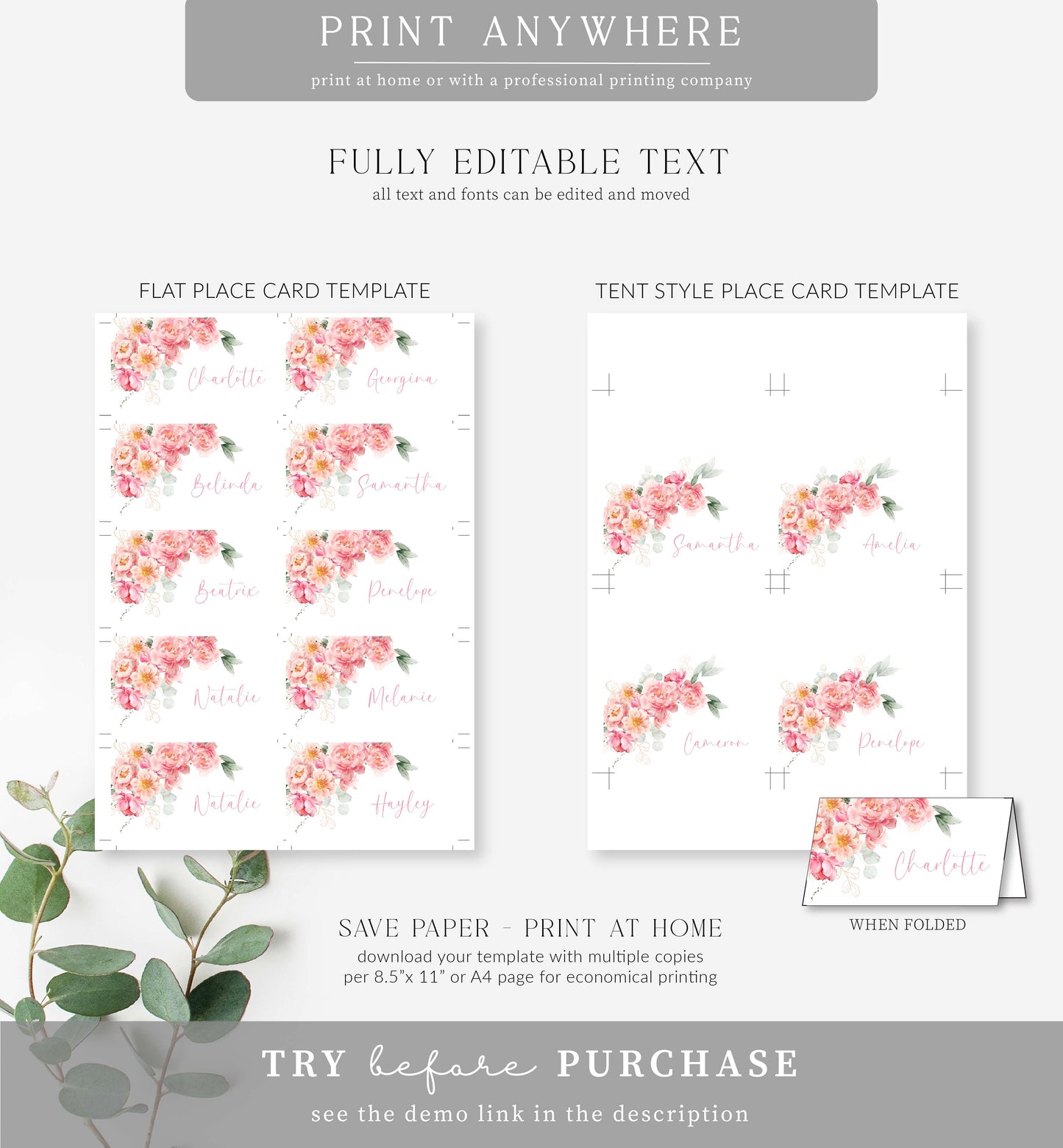 Piper Floral White | Printable Place Cards Template