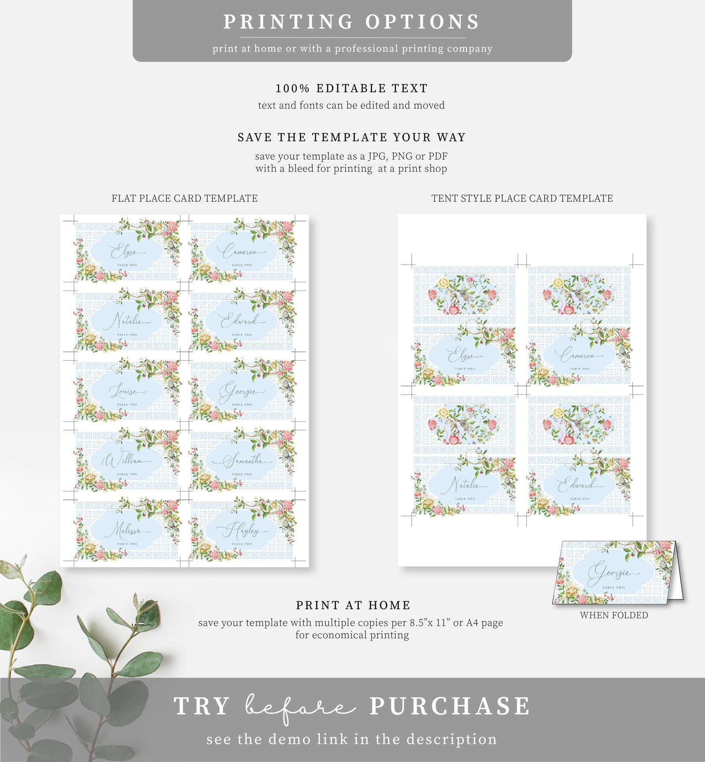 Trianon Blue | Printable Place Cards Template