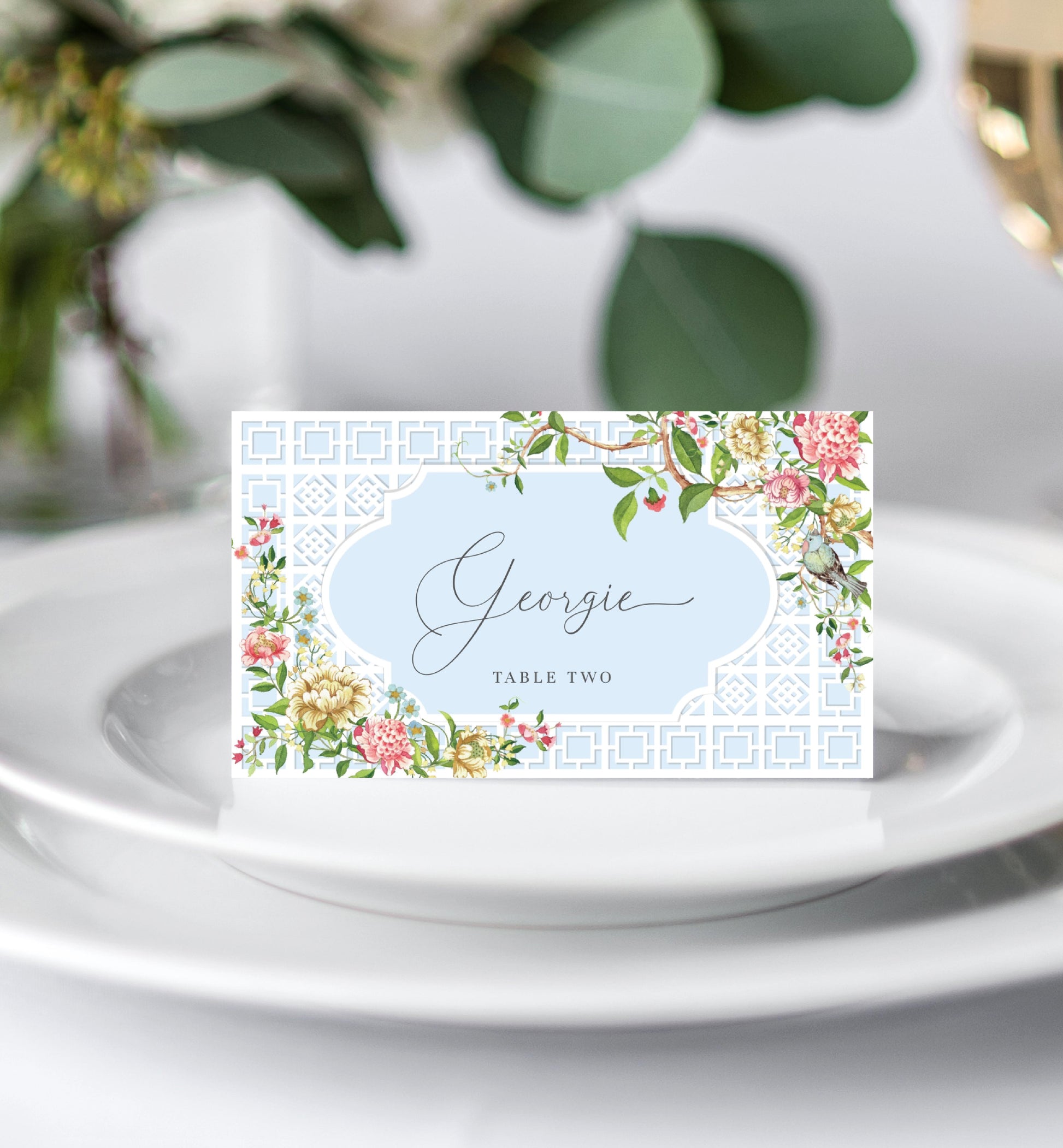 Marie Antoinette Theme Party Printable Place Card Template, Floral Chinoiserie Lattice, French Garden Theme, Bridal Shower Escort Cards Template, Spring Floral, Trianon