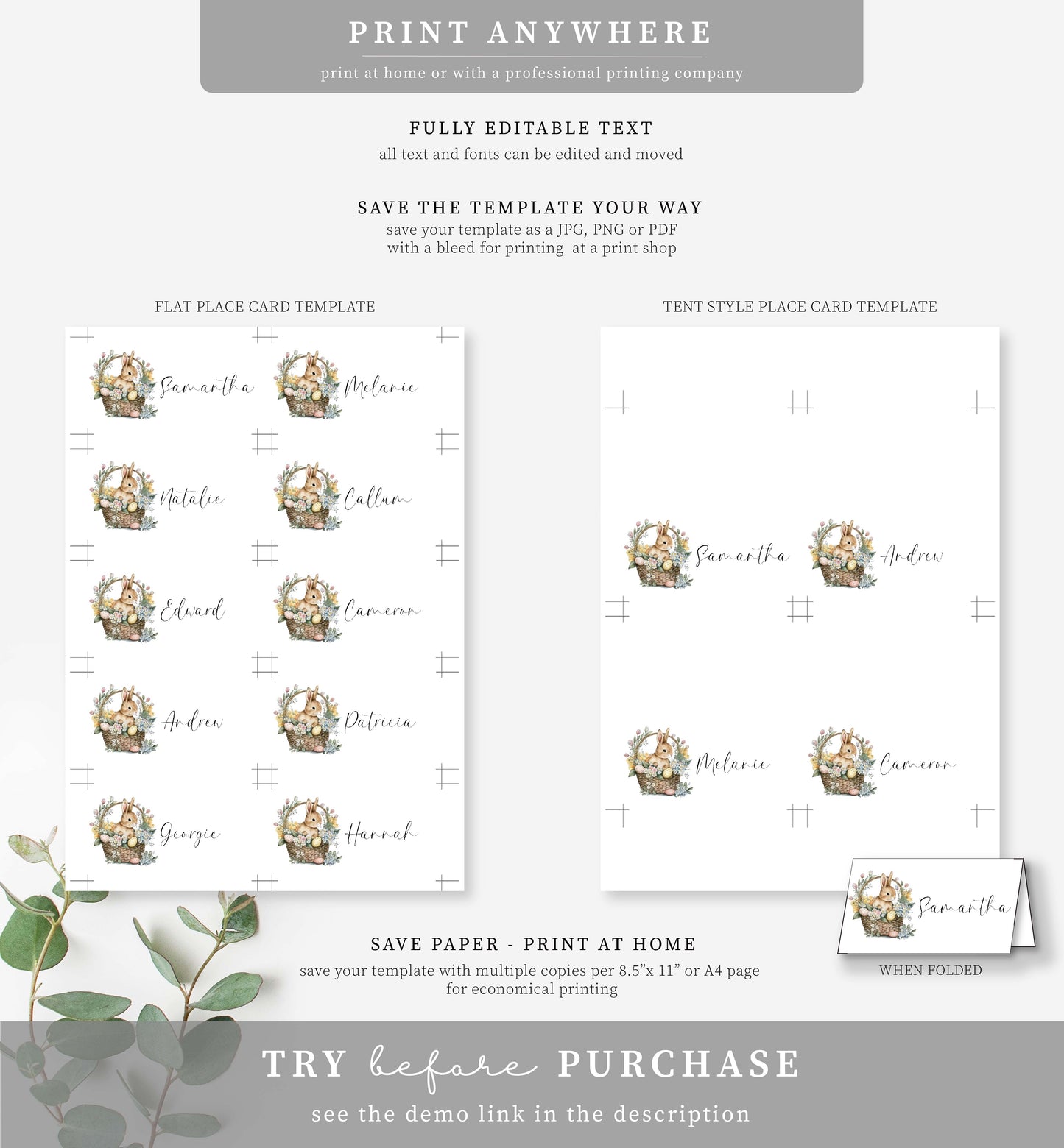 Easter White | Printable Place Cards Template