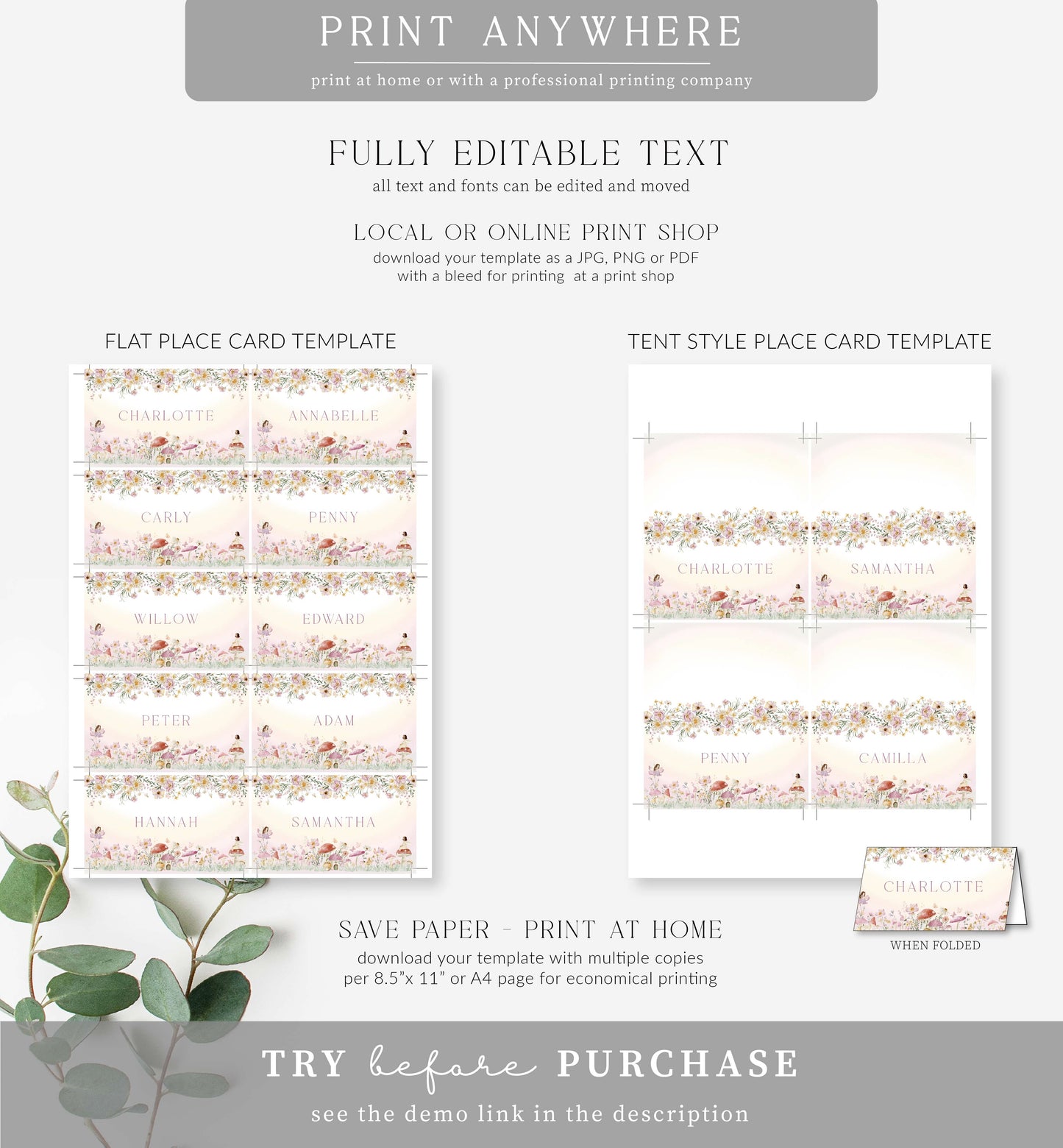 Fairy Multi | Printable Place Cards Template