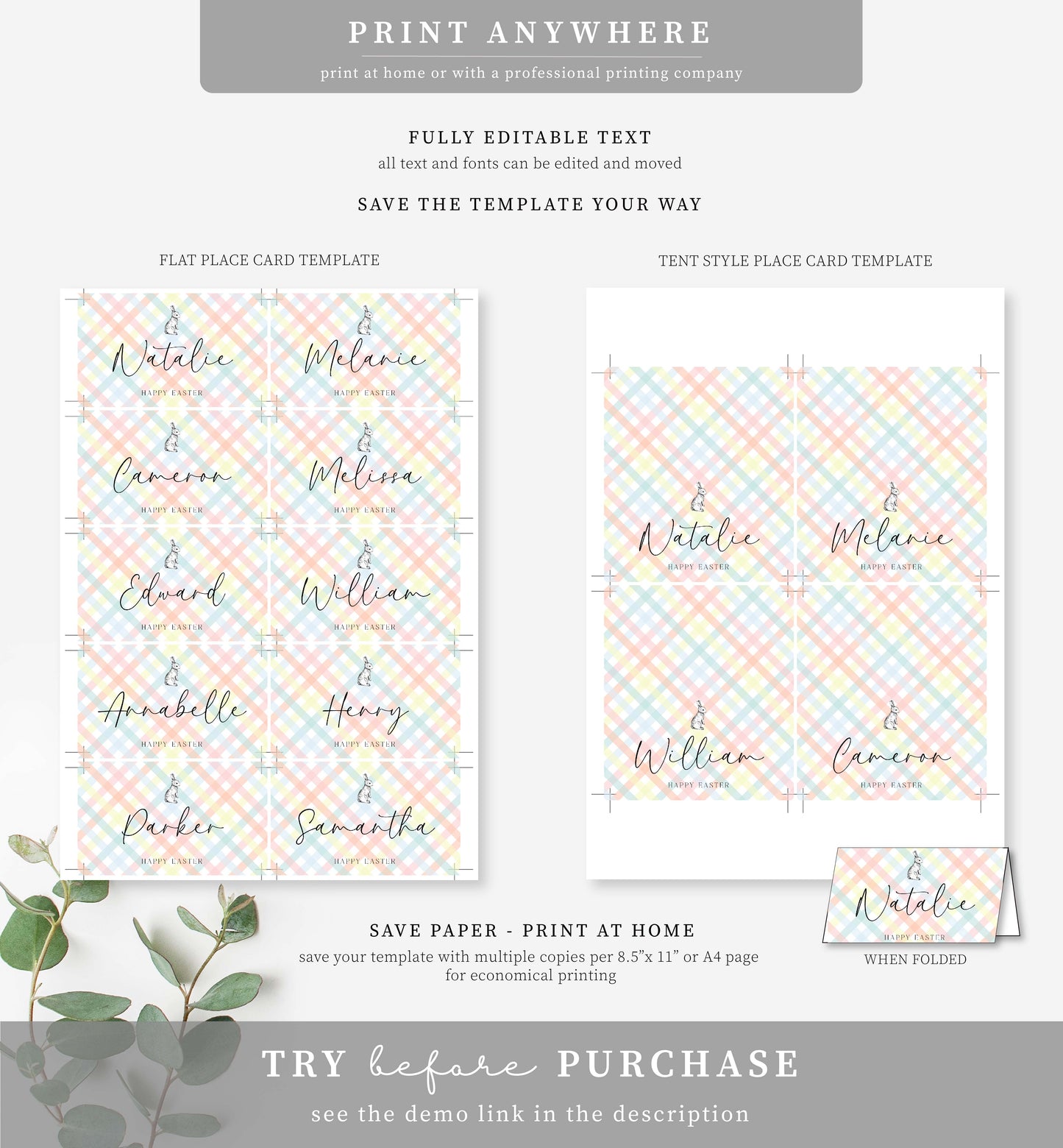 Gingham Multi | Printable Place Cards Template