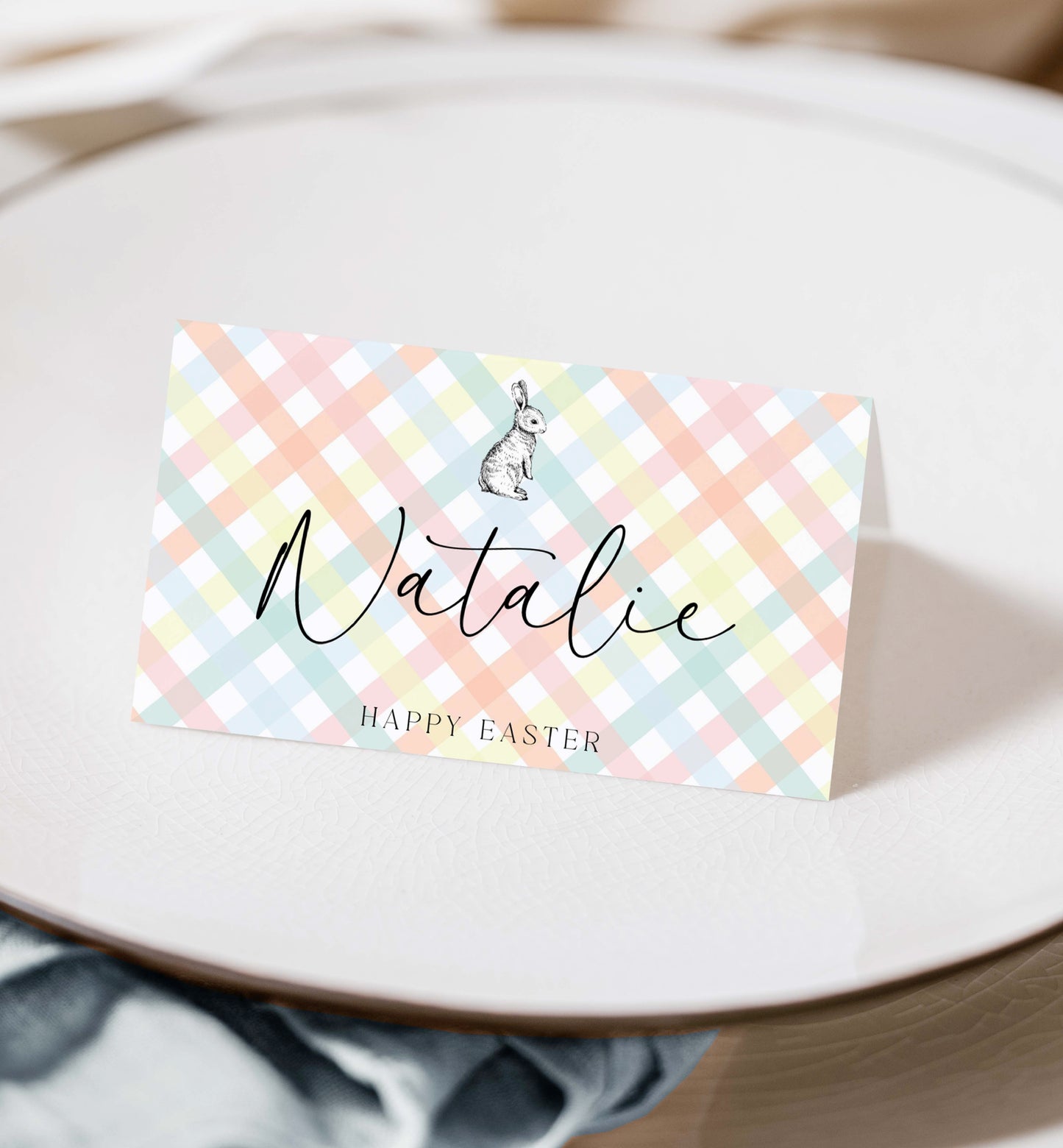Printable Tent and Flat Style Pace Cards, Multi Gingham, Easter Brunch Place Cards, Printable Place Setting Cards, Easter Lunch Name Cards