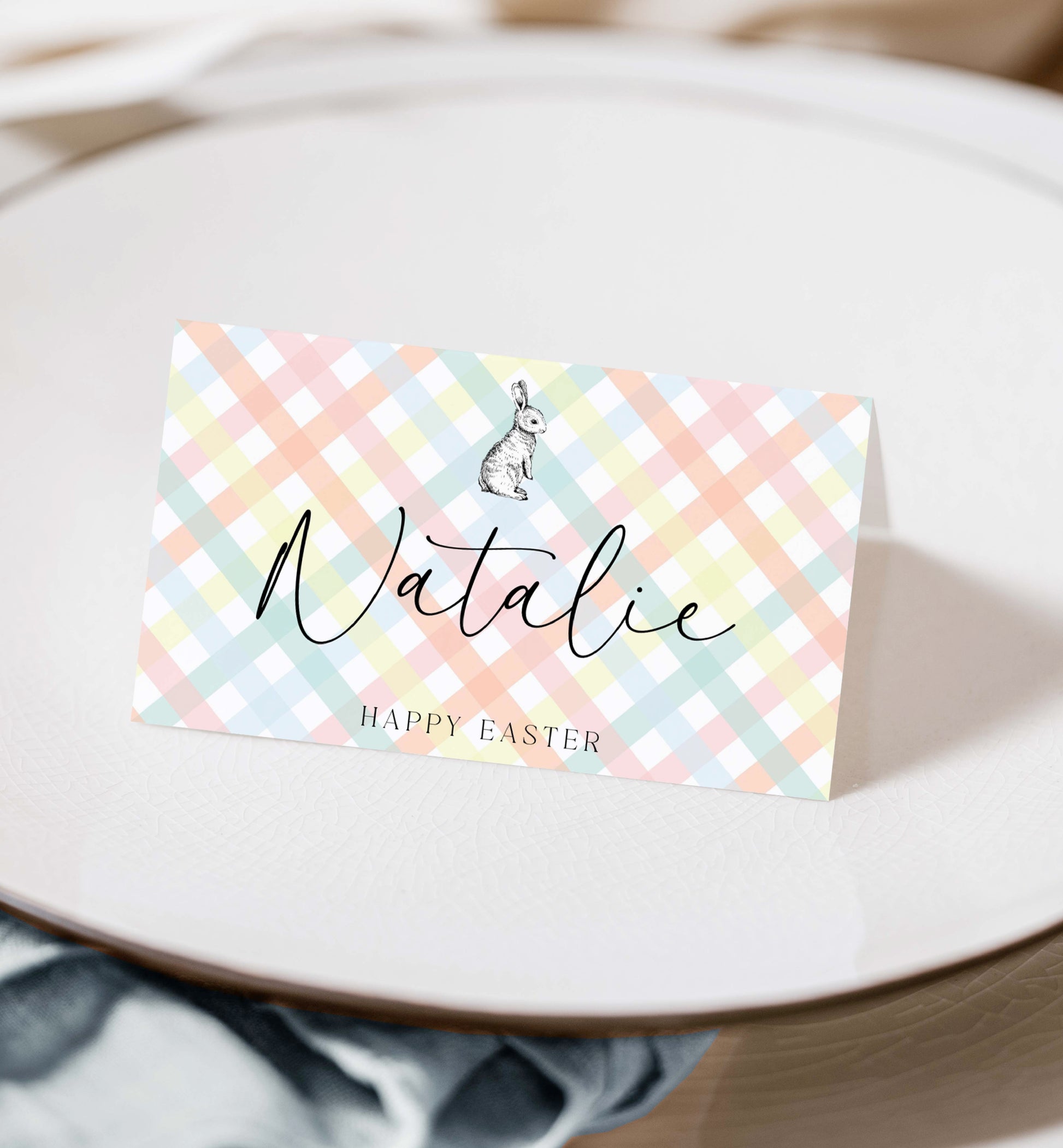Printable Tent and Flat Style Pace Cards, Multi Gingham, Easter Brunch Place Cards, Printable Place Setting Cards, Easter Lunch Name Cards