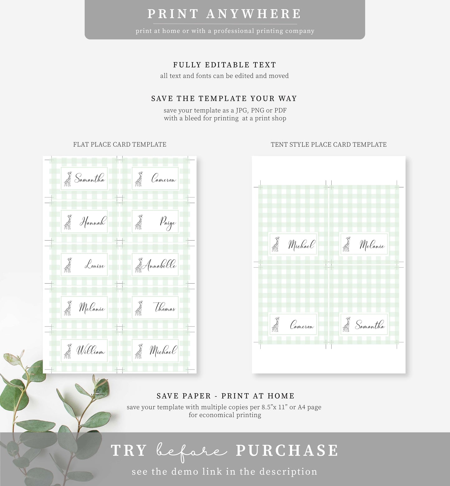Gingham Green Giraffe | Printable Place Cards Template