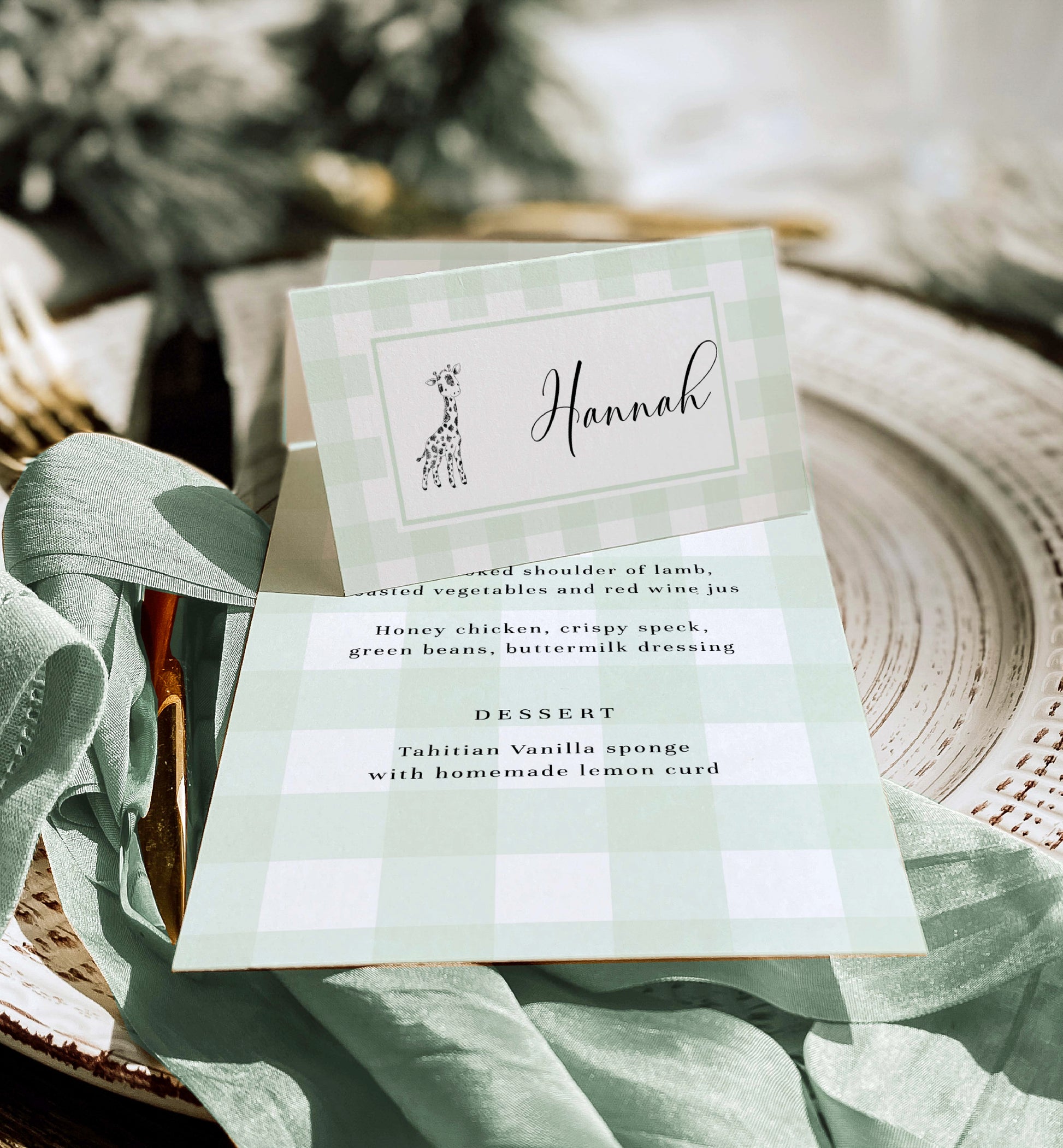 Printable Tent and Flat Style Pace Cards, Green Gingham Escort Cards, Editable Printable Place Setting Cards, Name Cards, Picnic Baby Shower