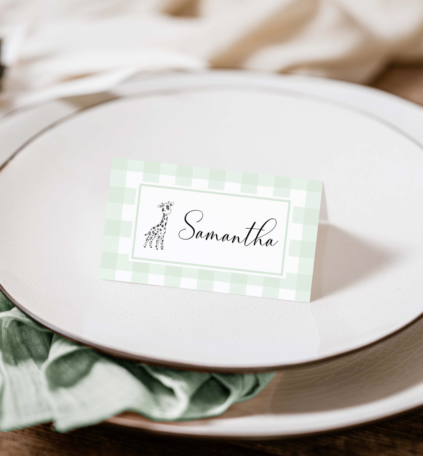 Printable Tent and Flat Style Pace Cards, Green Gingham Escort Cards, Editable Printable Place Setting Cards, Name Cards, Picnic Baby Shower