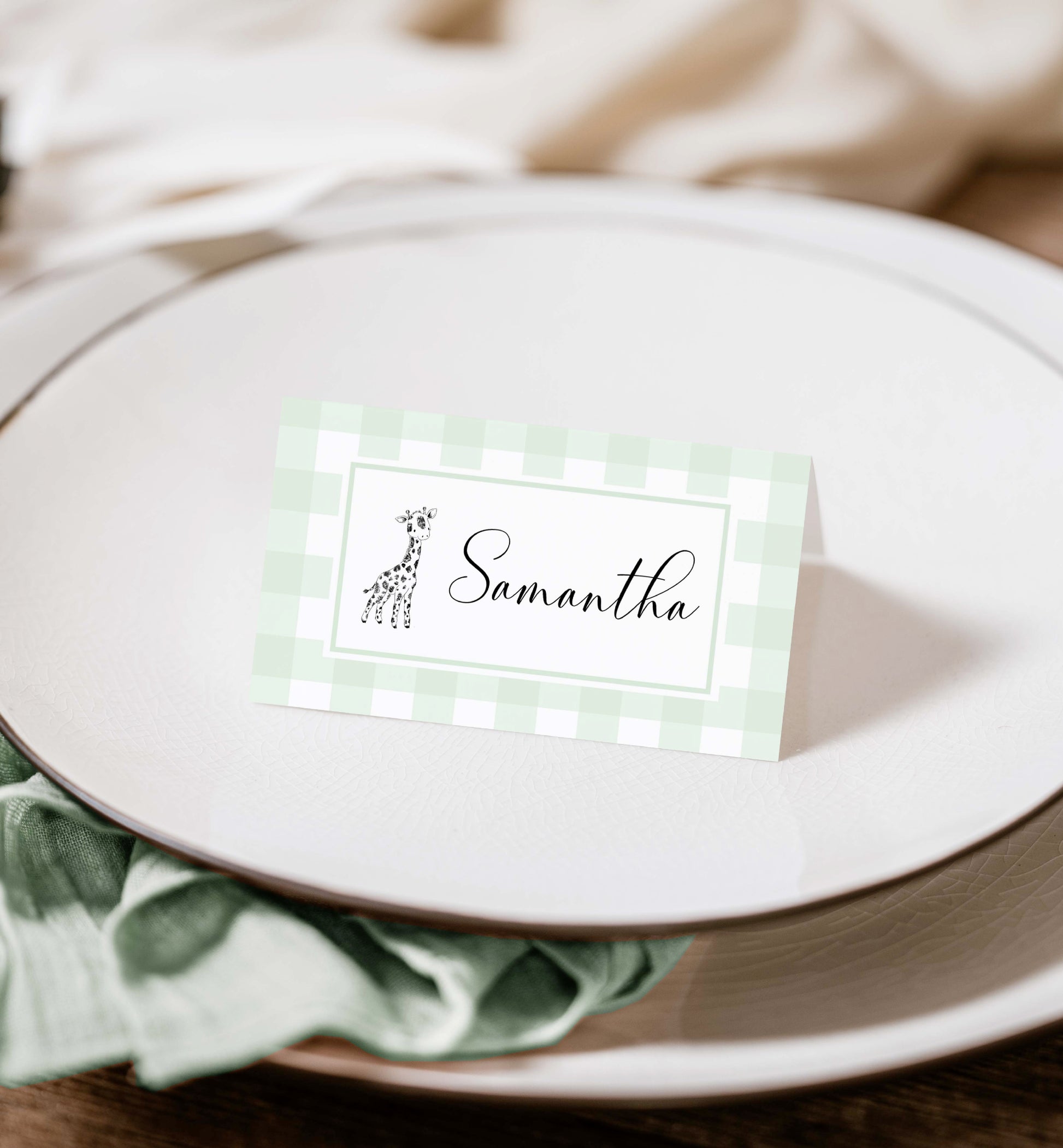 Printable Tent and Flat Style Pace Cards, Green Gingham Escort Cards, Editable Printable Place Setting Cards, Name Cards, Picnic Baby Shower
