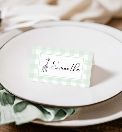Printable Tent and Flat Style Pace Cards, Green Gingham Escort Cards, Editable Printable Place Setting Cards, Name Cards, Picnic Baby Shower