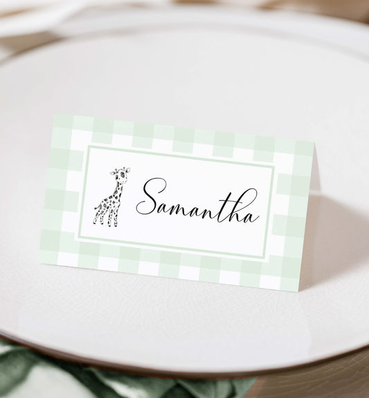 Printable Tent and Flat Style Pace Cards, Green Gingham Escort Cards, Editable Printable Place Setting Cards, Name Cards, Picnic Baby Shower