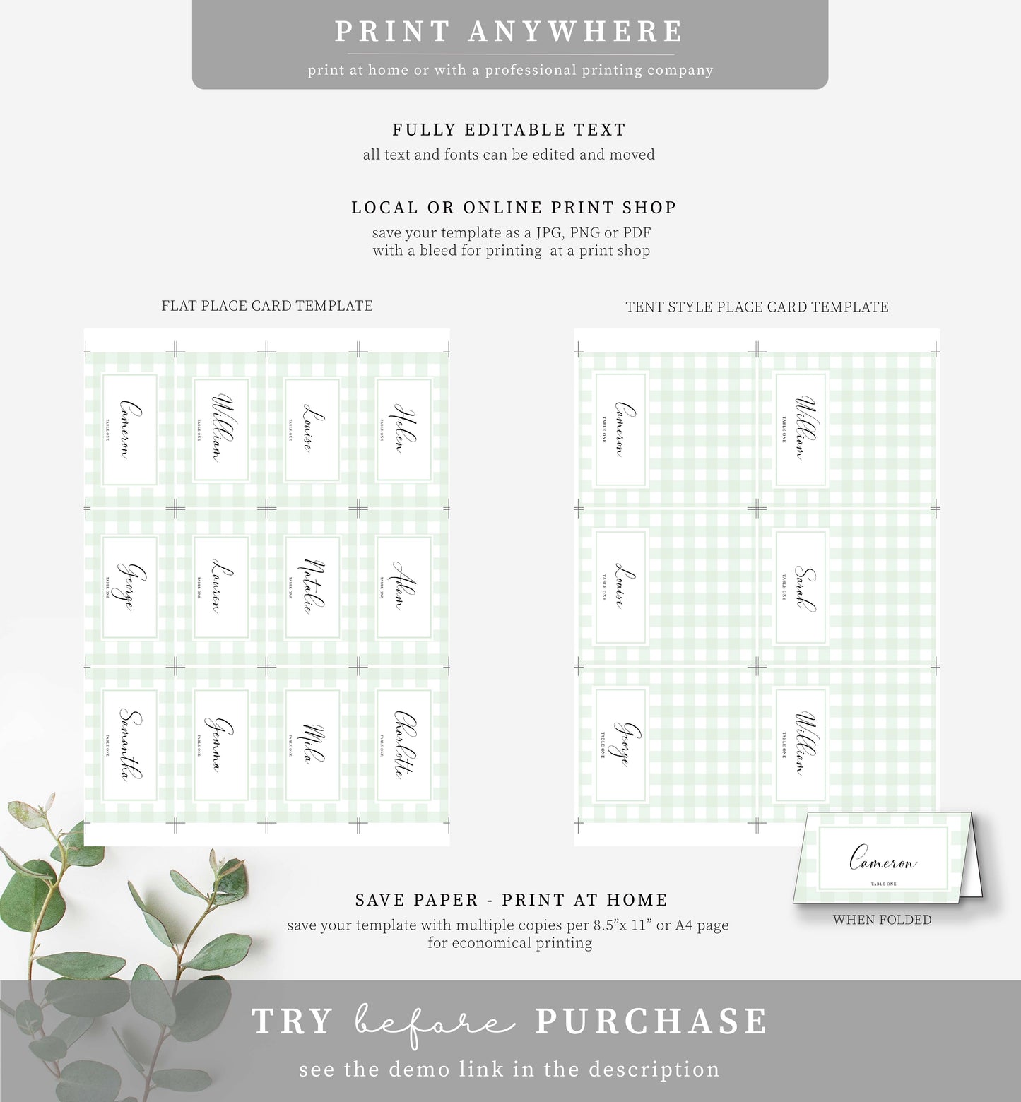 Gingham Green | Printable Place Cards Template