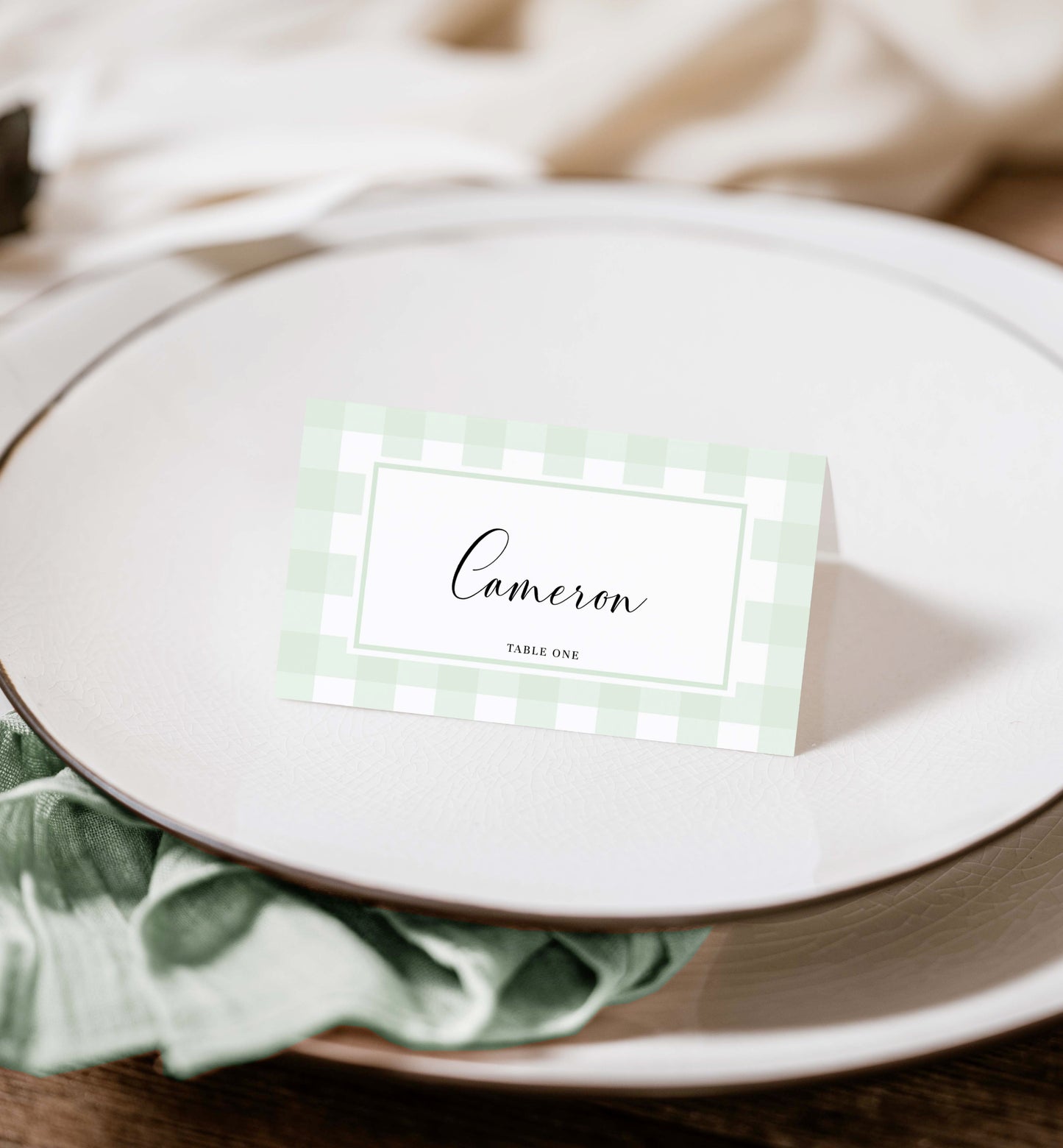 Mint Green Gingham Place Card Template, Printable Baby Shower Names Cards, Escort Cards, Wedding Name Cards, Gender Neutral Baby Shower