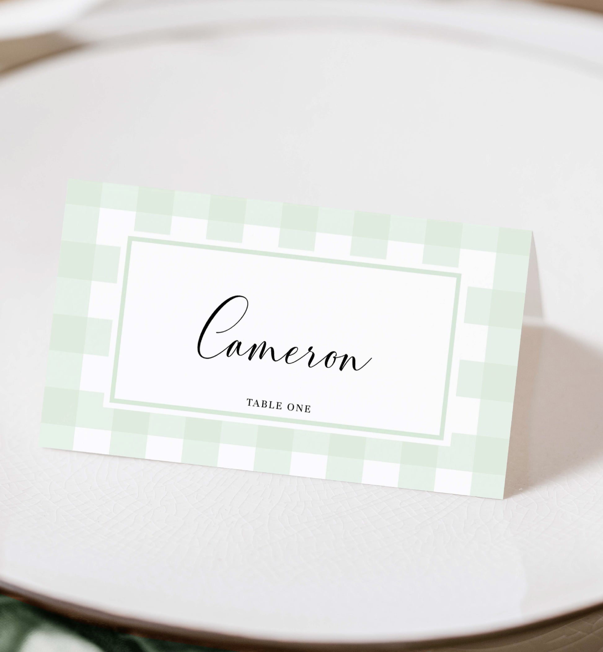 Mint Green Gingham Place Card Template, Printable Baby Shower Names Cards, Escort Cards, Wedding Name Cards, Gender Neutral Baby Shower