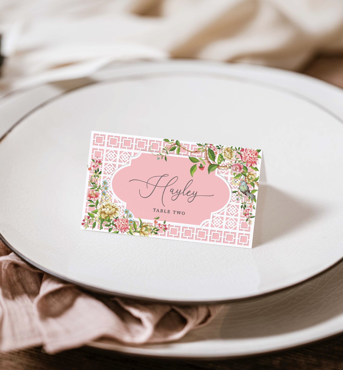 Marie Antoinette Theme Party Printable Place Card Template, Floral Chinoiserie Lattice, French Garden Theme, Bridal Shower Escort Cards Template, Spring Floral, Trianon