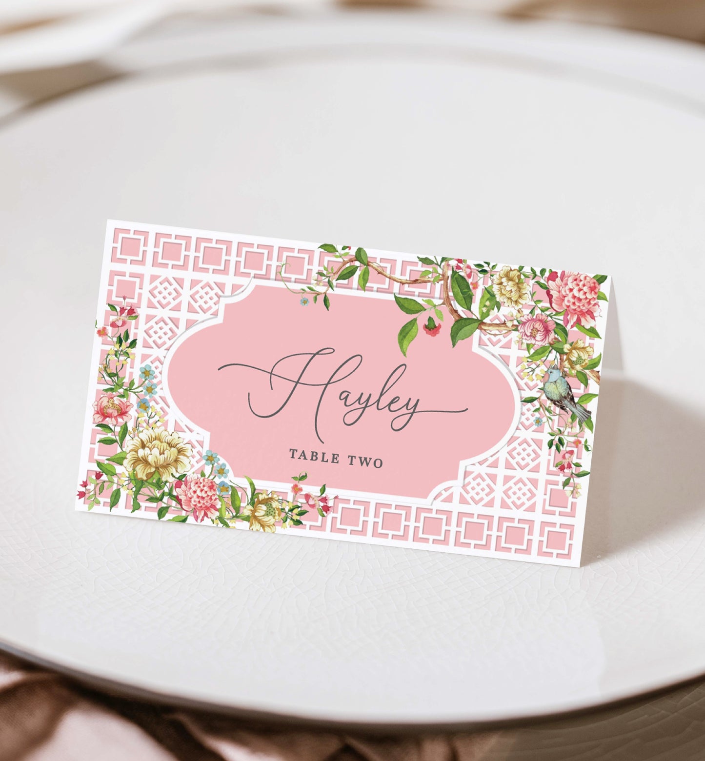 Marie Antoinette Theme Party Printable Place Card Template, Floral Chinoiserie Lattice, French Garden Theme, Bridal Shower Escort Cards Template, Spring Floral, Trianon