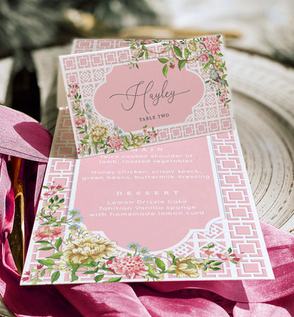 Marie Antoinette Theme Party Printable Place Card Template, Floral Chinoiserie Lattice, French Garden Theme, Bridal Shower Escort Cards Template, Spring Floral, Trianon