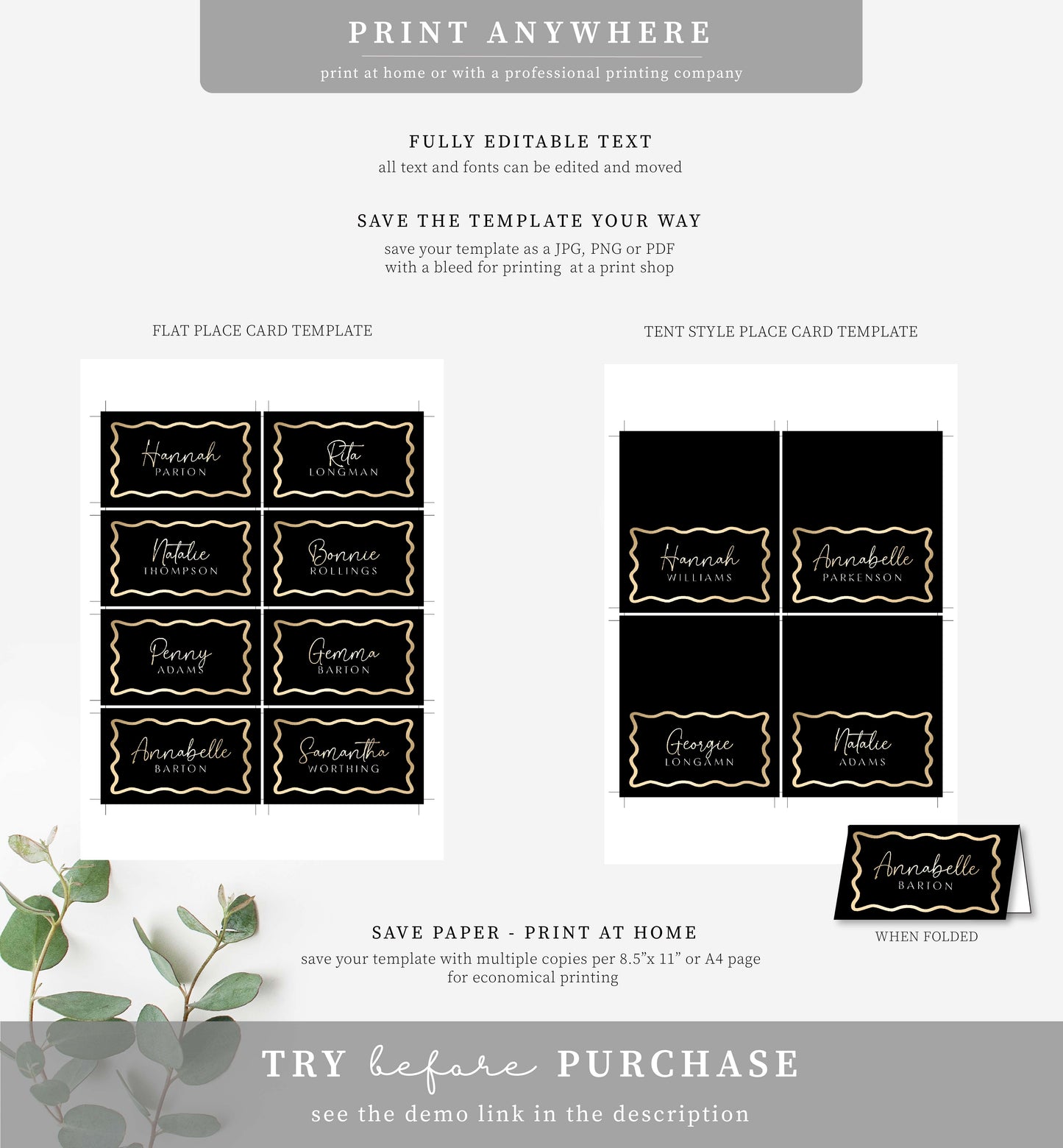 Wave Black Gold | Printable Place Cards Template