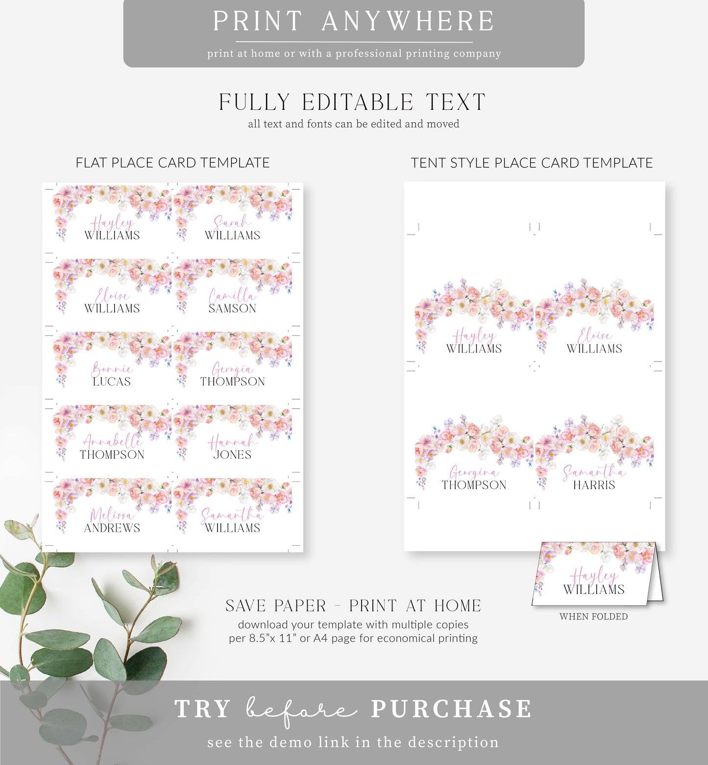 Eloise Floral | Printable Place Cards Template