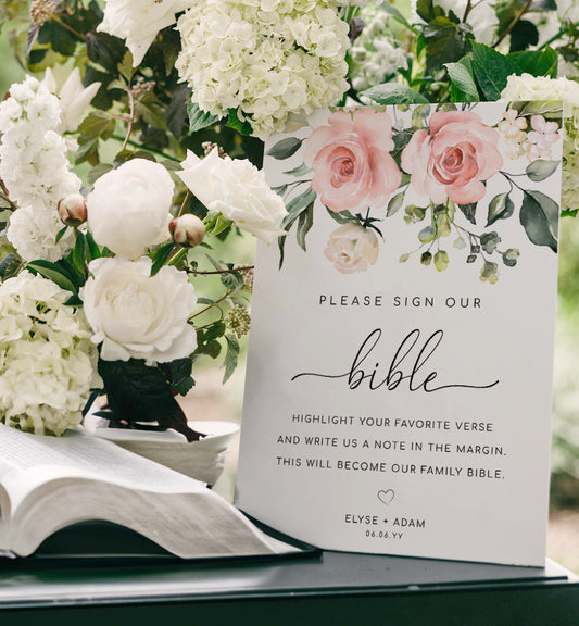 Printable Sign Our Bible Sign, Blue Floral Wedding Bible Guest Book Sign, Pink Roses Please Sign Our Guest Book Sign, Wedding Signage, Darcy