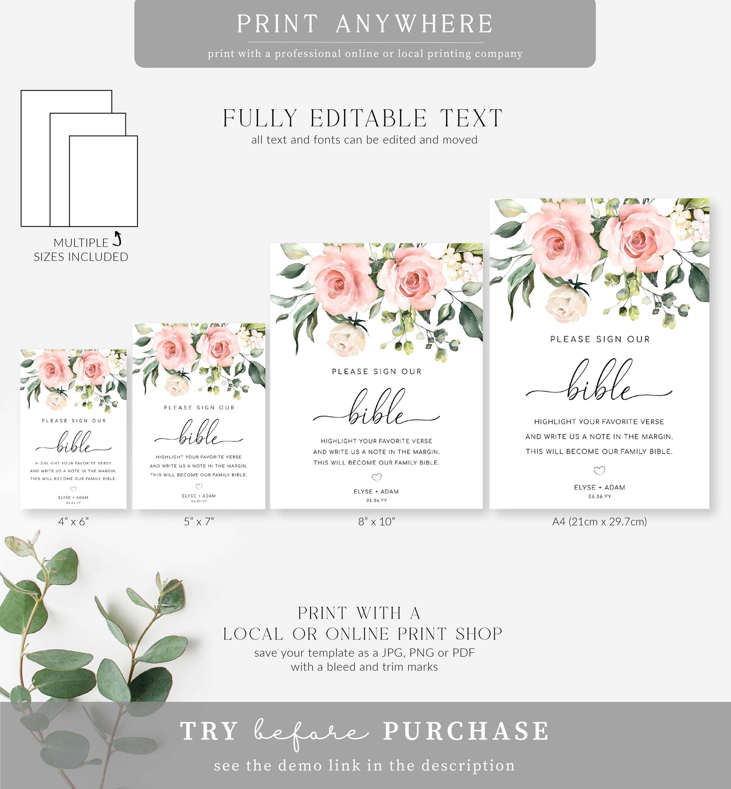 Darcy Floral Pink | Printable Bible Guestbook Sign Template