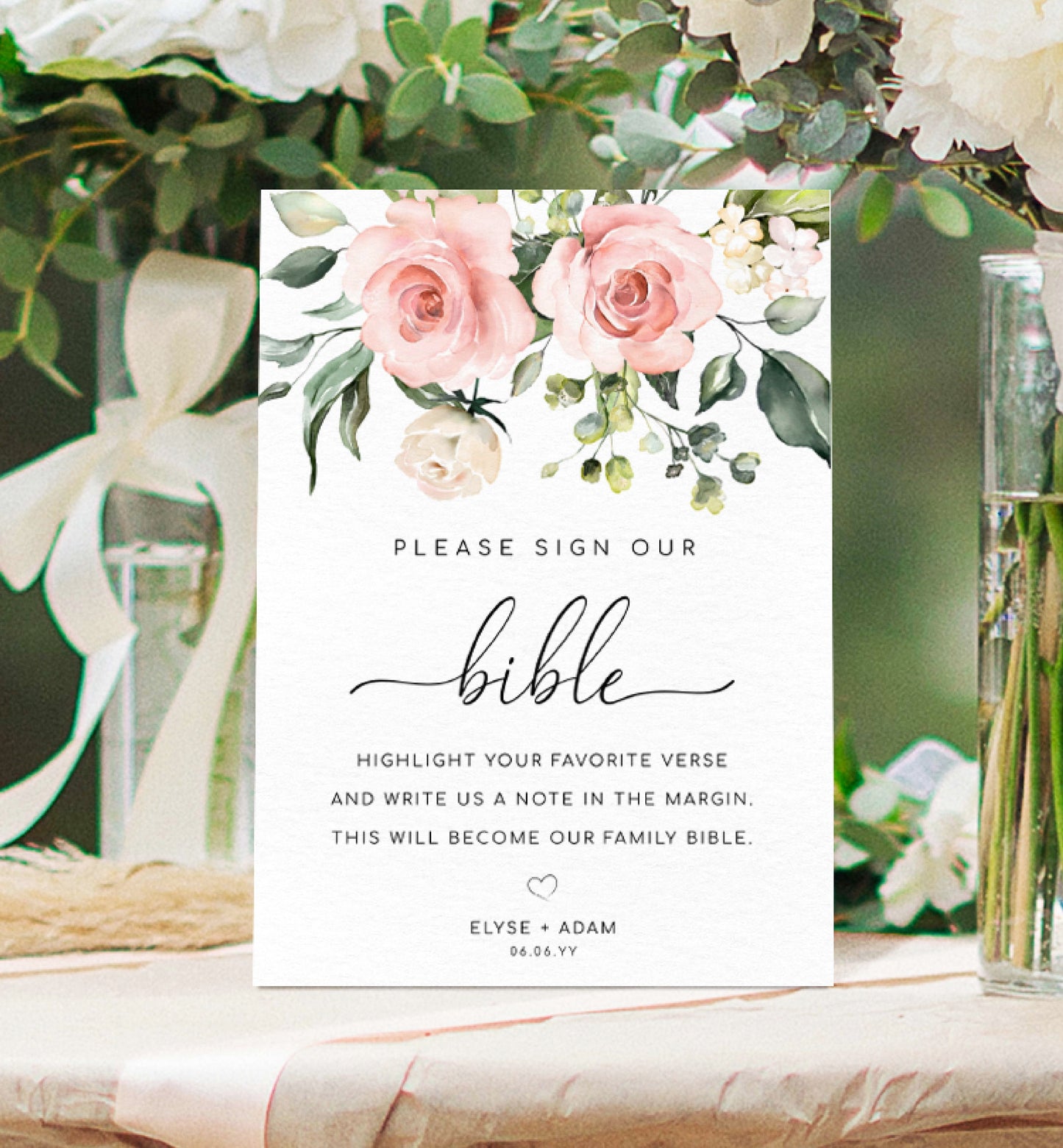 Printable Sign Our Bible Sign, Blue Floral Wedding Bible Guest Book Sign, Pink Roses Please Sign Our Guest Book Sign, Wedding Signage, Darcy