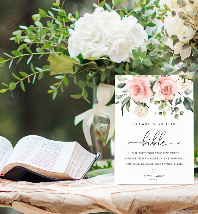Darcy Floral Pink | Printable Bible Guestbook Sign Template – Black Bow ...