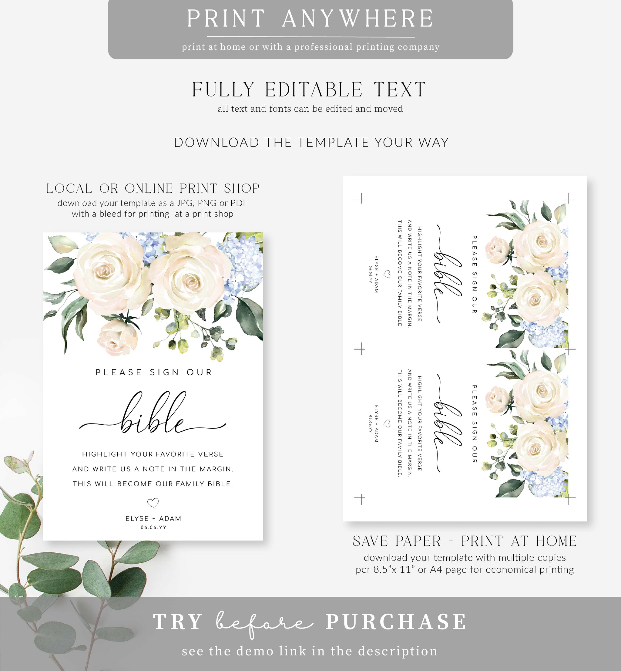 Darcy Floral White | Printable Bible Guestbook Sign Template – Black ...