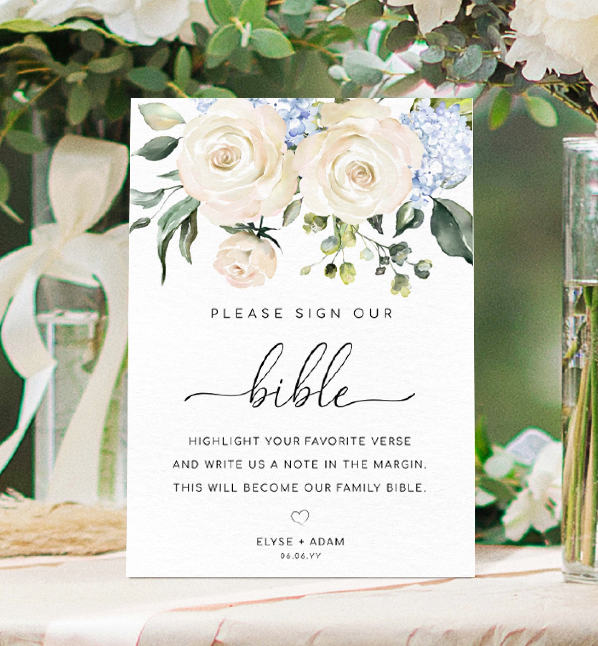 Printable Sign Our Bible Sign, Wedding Bible Guest Book Sign, White Roses Please Sign Our Guest Book Sign, Wedding Signage, Darcy