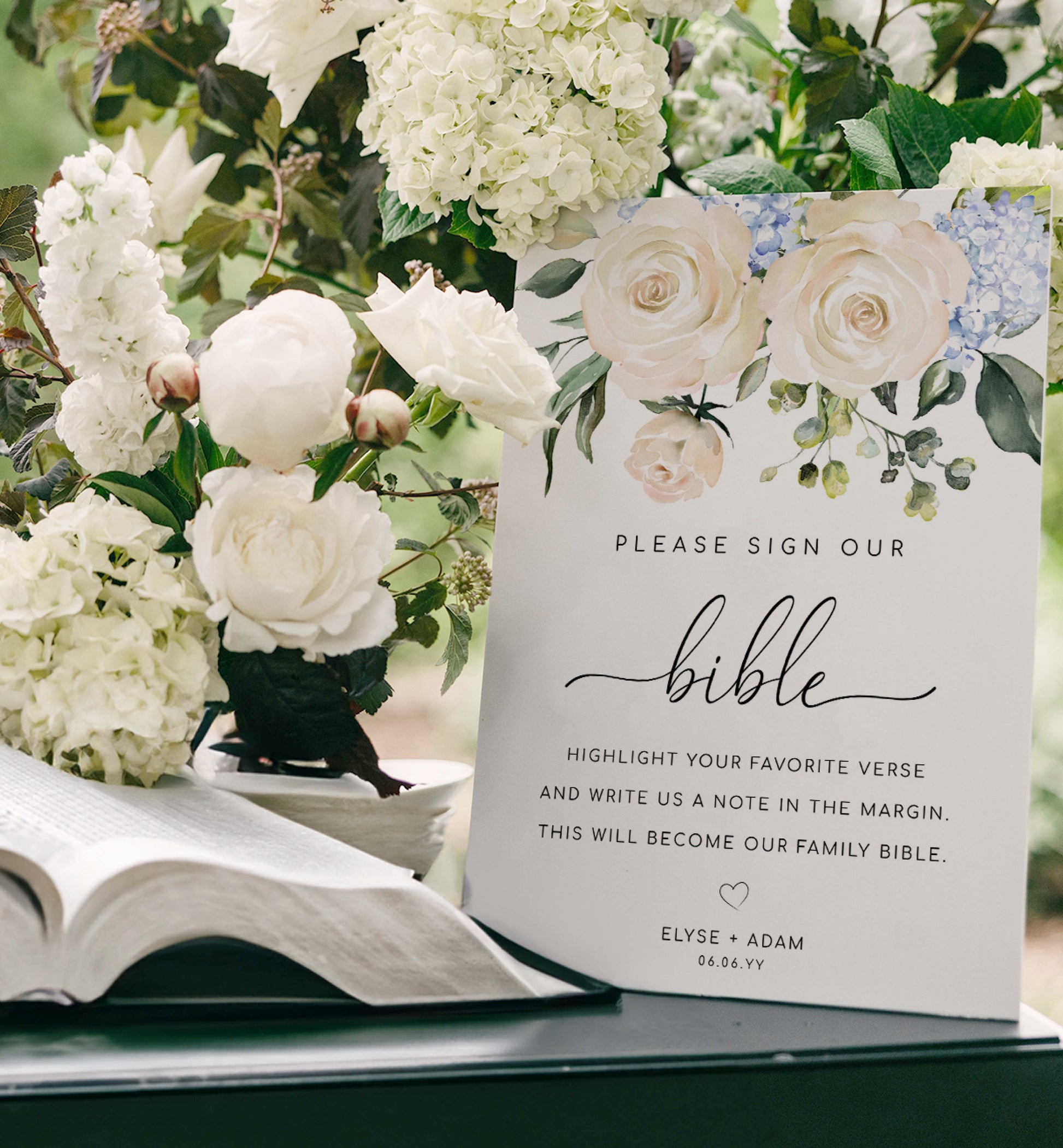 Printable Sign Our Bible Sign, Wedding Bible Guest Book Sign, White Roses Please Sign Our Guest Book Sign, Wedding Signage, Darcy