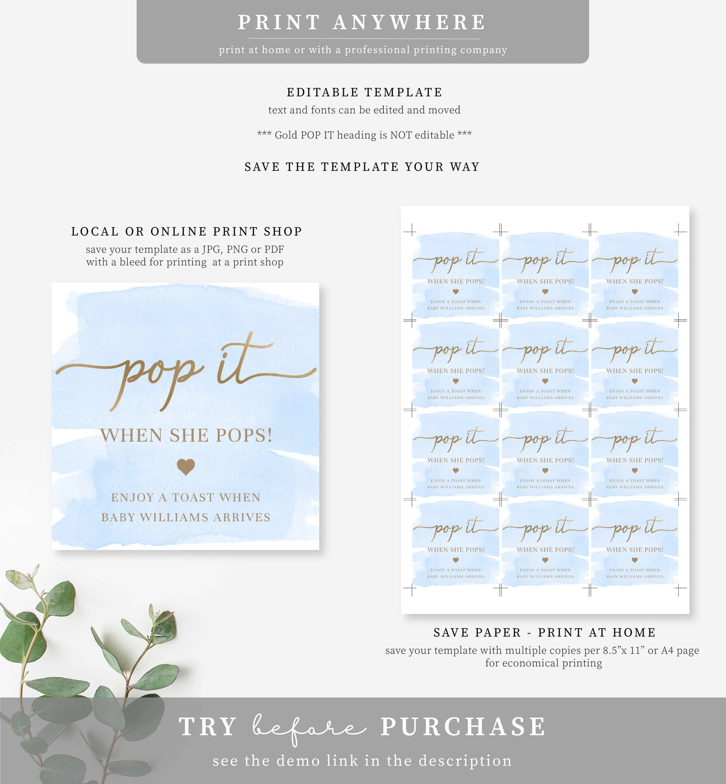 Watercolour Blue | Printable Pop It Favour Tags