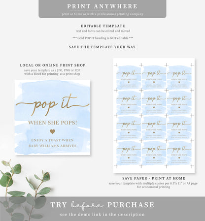 Watercolour Blue | Printable Pop It Favour Tags