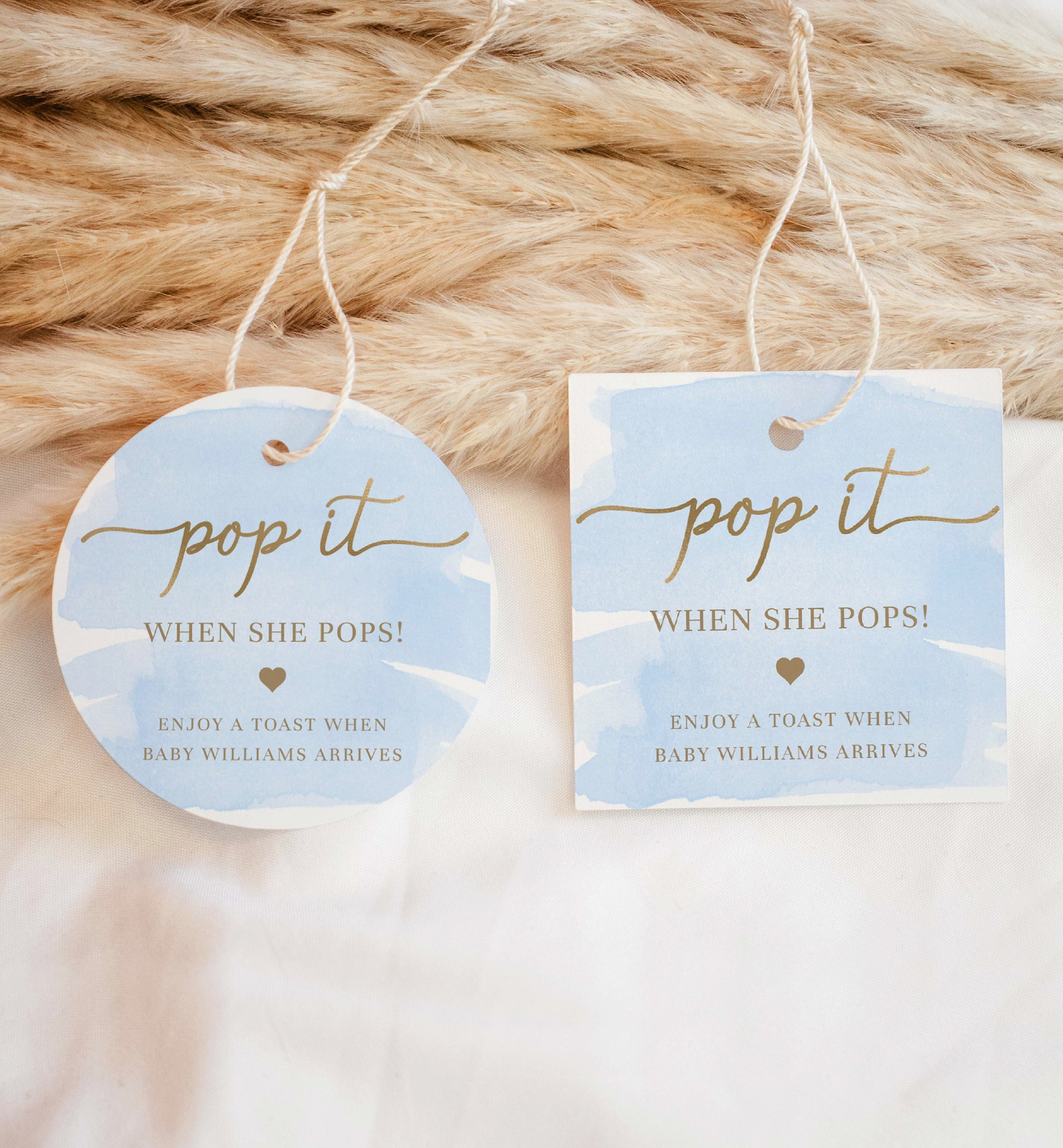 Pop It When She Pops Champagne Favor Tag and Label, Printable Blue Boy Baby Shower Pop It Favor Tag, Blue Watercolor Mini Wine Bottle Label