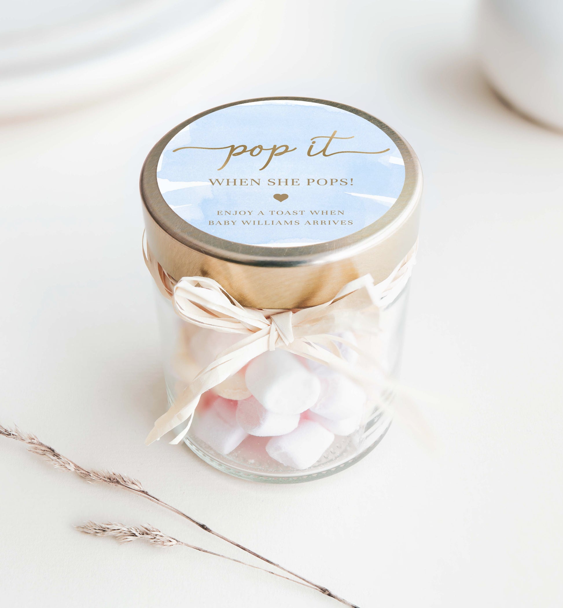 Pop It When She Pops Champagne Favor Tag and Label, Printable Blue Boy Baby Shower Pop It Favor Tag, Blue Watercolor Mini Wine Bottle Label