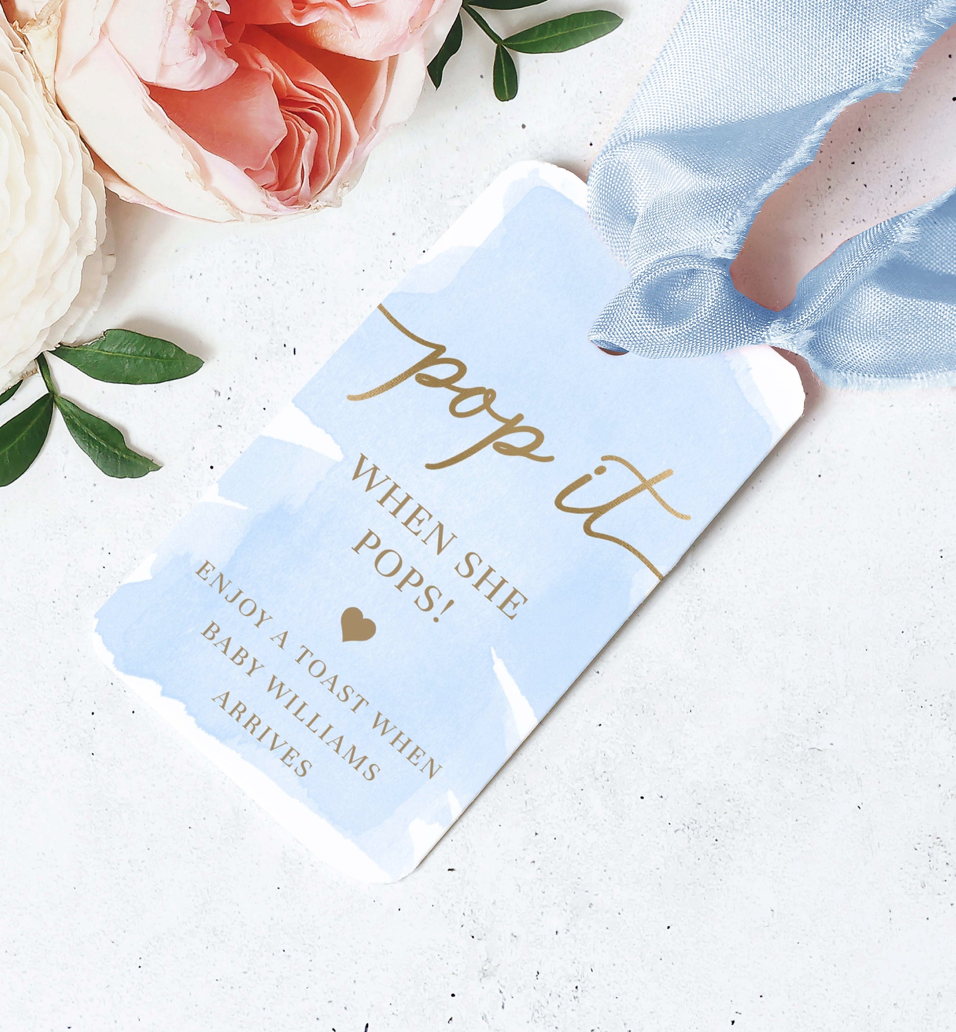 Pop It When She Pops Champagne Favor Tag and Label, Printable Blue Boy Baby Shower Pop It Favor Tag, Blue Watercolor Mini Wine Bottle Label