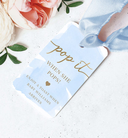 Pop It When She Pops Champagne Favor Tag and Label, Printable Blue Boy Baby Shower Pop It Favor Tag, Blue Watercolor Mini Wine Bottle Label