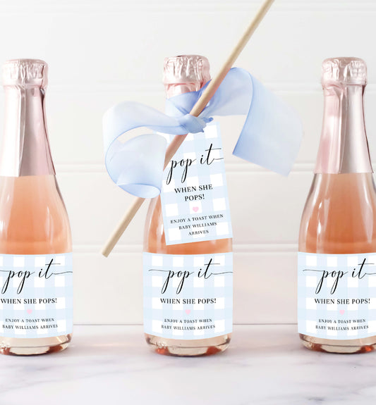 Pop It When She Pops Favor Tag and Label, Printable Blue Boy Baby Shower Champagne Pop It Favor Tag, Blue Gingham Mini Wine Bottle Label