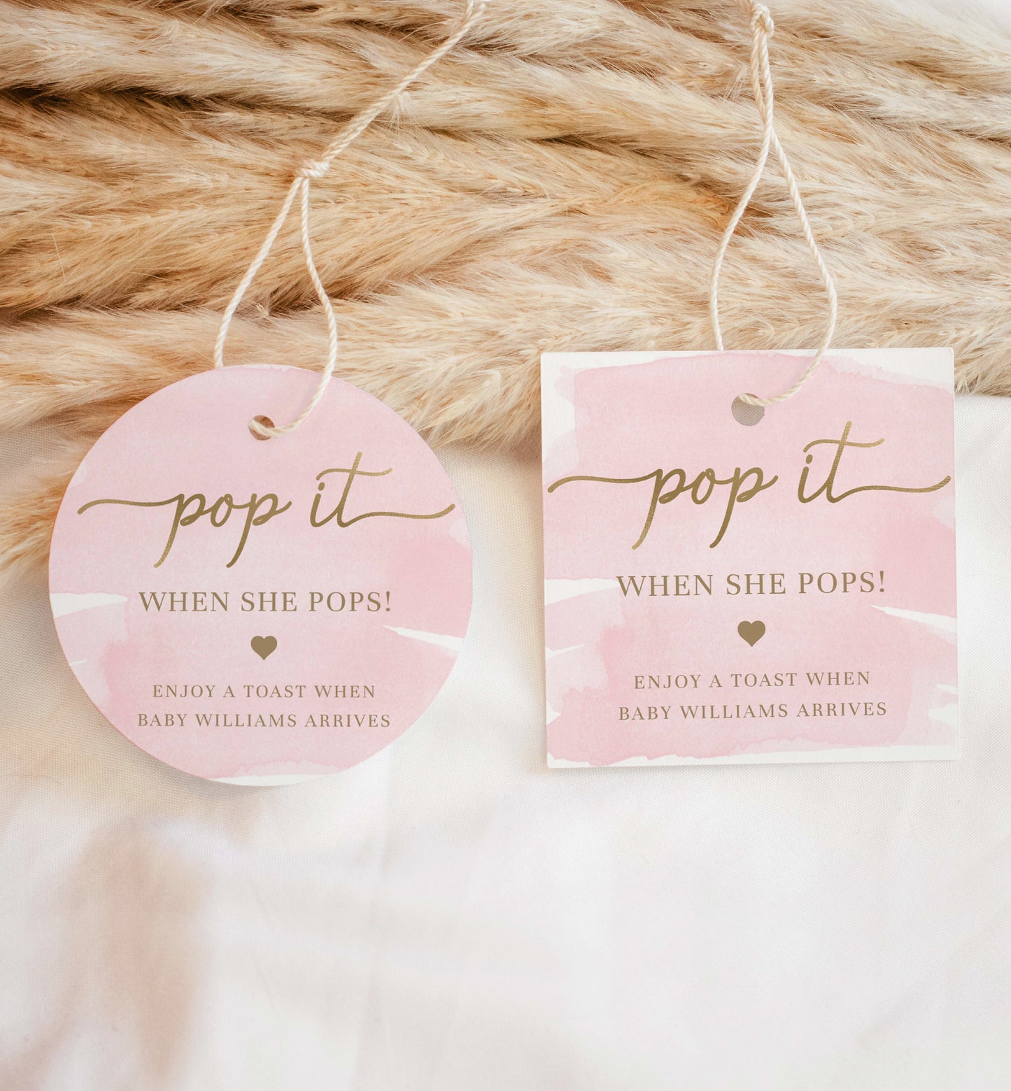 Pop It When She Pops Favor Tag Template, Baby Shower Champagne Pop It Favor Tag Printable, Pink Watercolor Mini Champagne Wine Bottle Favor Tag