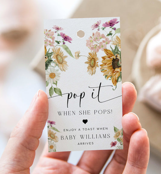 Pop It When She Pops Mini Champagne Bottle Printable Favor Tag, Fall Sunflower, Autumn Girl Shower Pop It Tag, Mini Wine Bottle Label, Mews