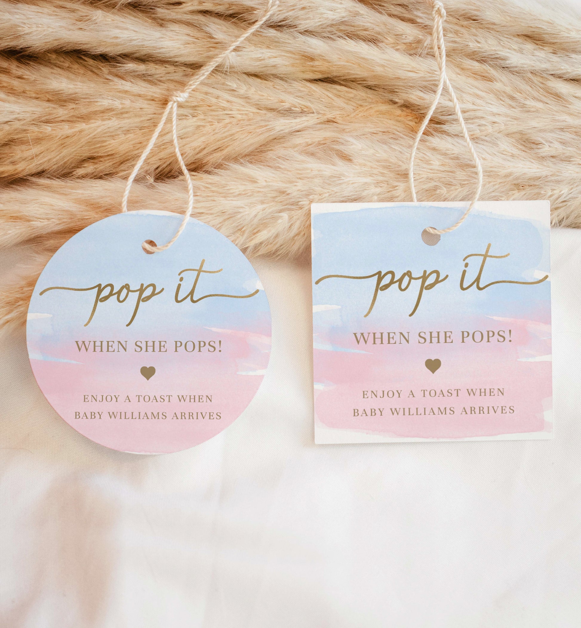 Pop It When She Pops Favor Tag and Label, Gender Reveal Baby Shower Champagne Pop It Favor Tag, Pink Blue Watercolor Mini Wine Bottle Label