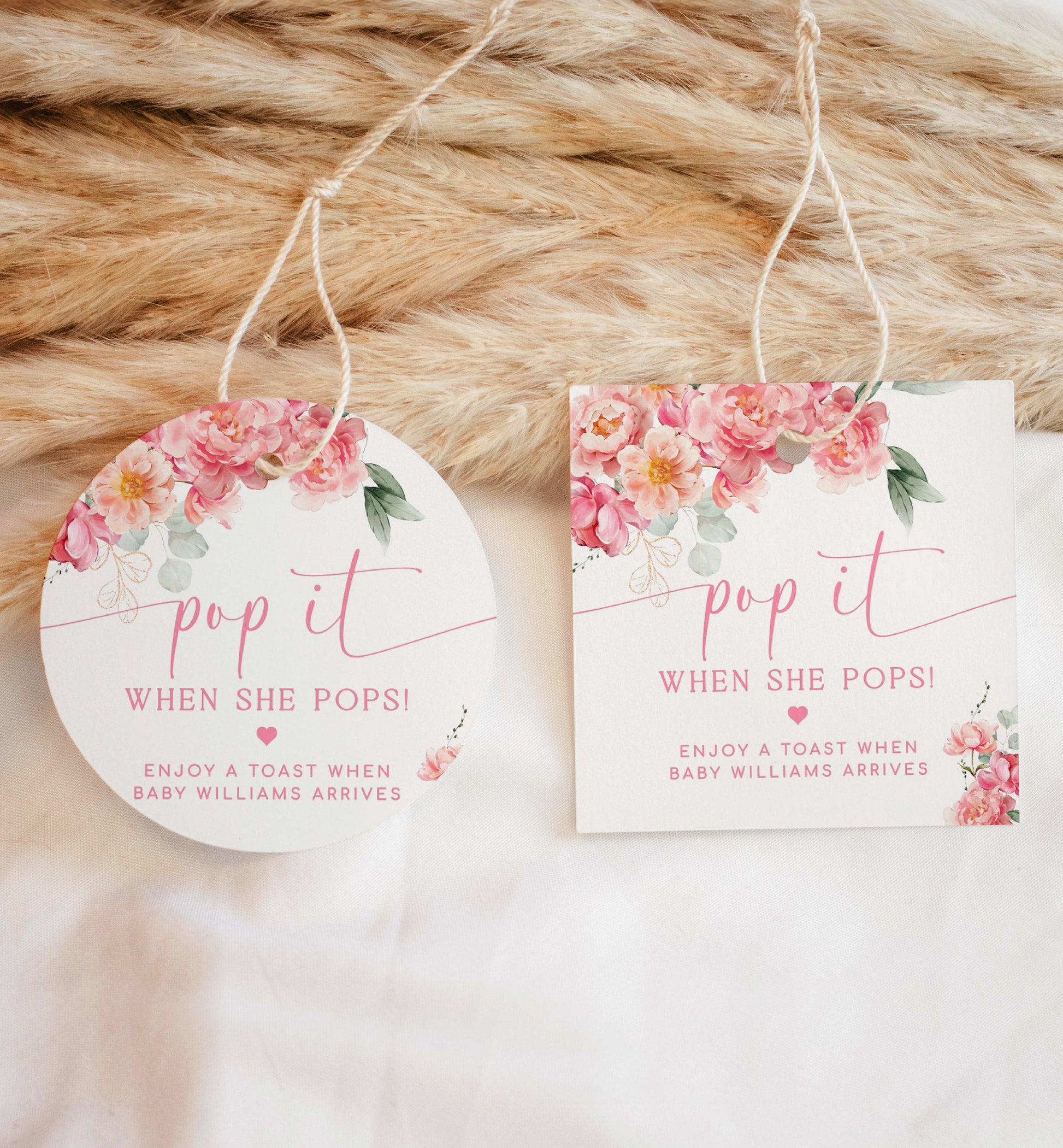 Pop It When She Pops Mini Champagne Bottle Printable Favor Tag, Blush Peony, Girl Shower Pop It Favor Tag, Mini Wine Bottle Label, Piper