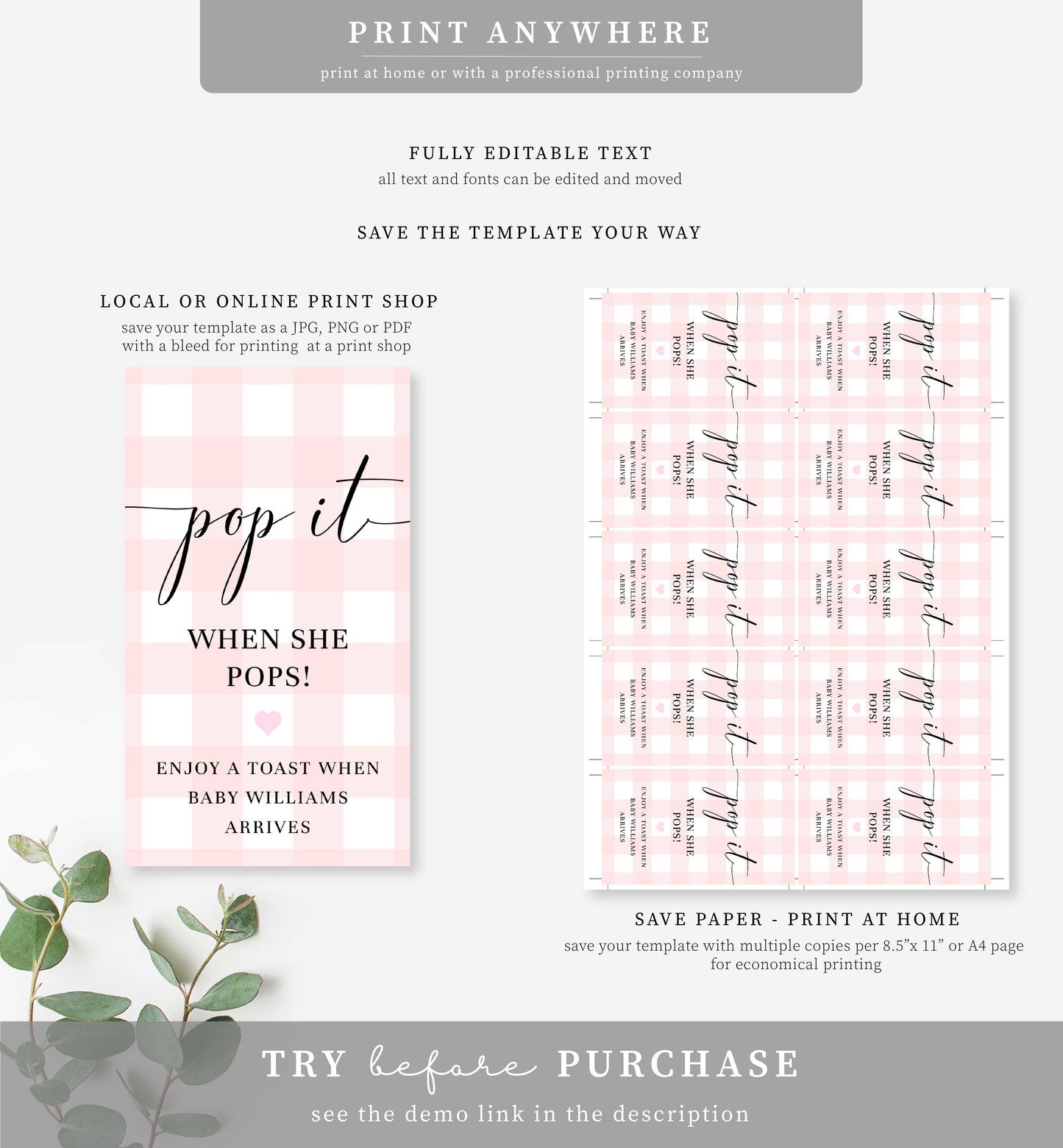 Gingham Pink | Printable Pop It Favour Tags Template
