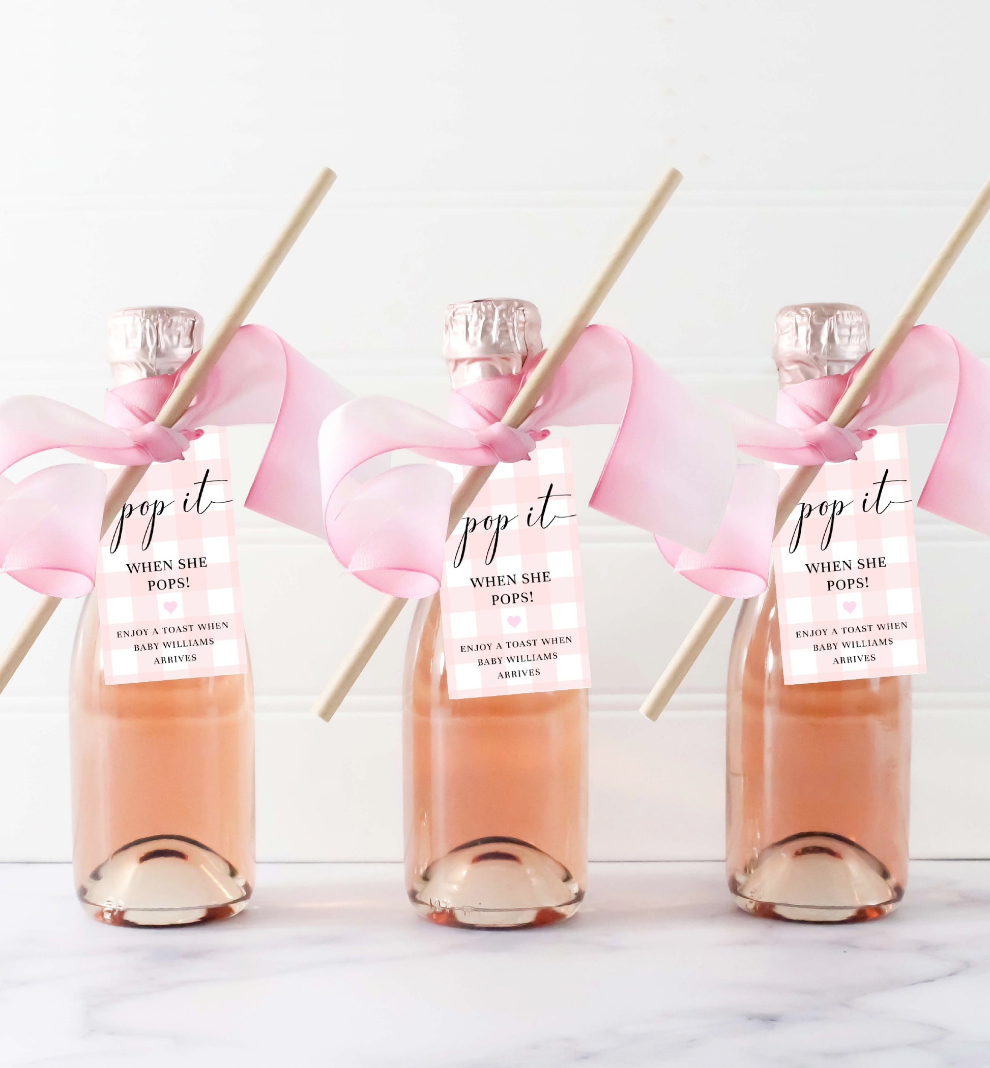 Pop It When She Pops Favor Tag and Label, Printable Pink Girl Baby Shower Champagne Pop It Favor Tag, Pink Gingham Mini Wine Bottle Label