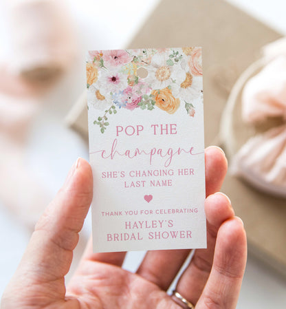 Pop The Champagne Bottle Printable Favor Tag, Spring Wildflowers, Bridal Shower Changing Her Last Name Favor Tag, Mini Wine Bottle, Millie