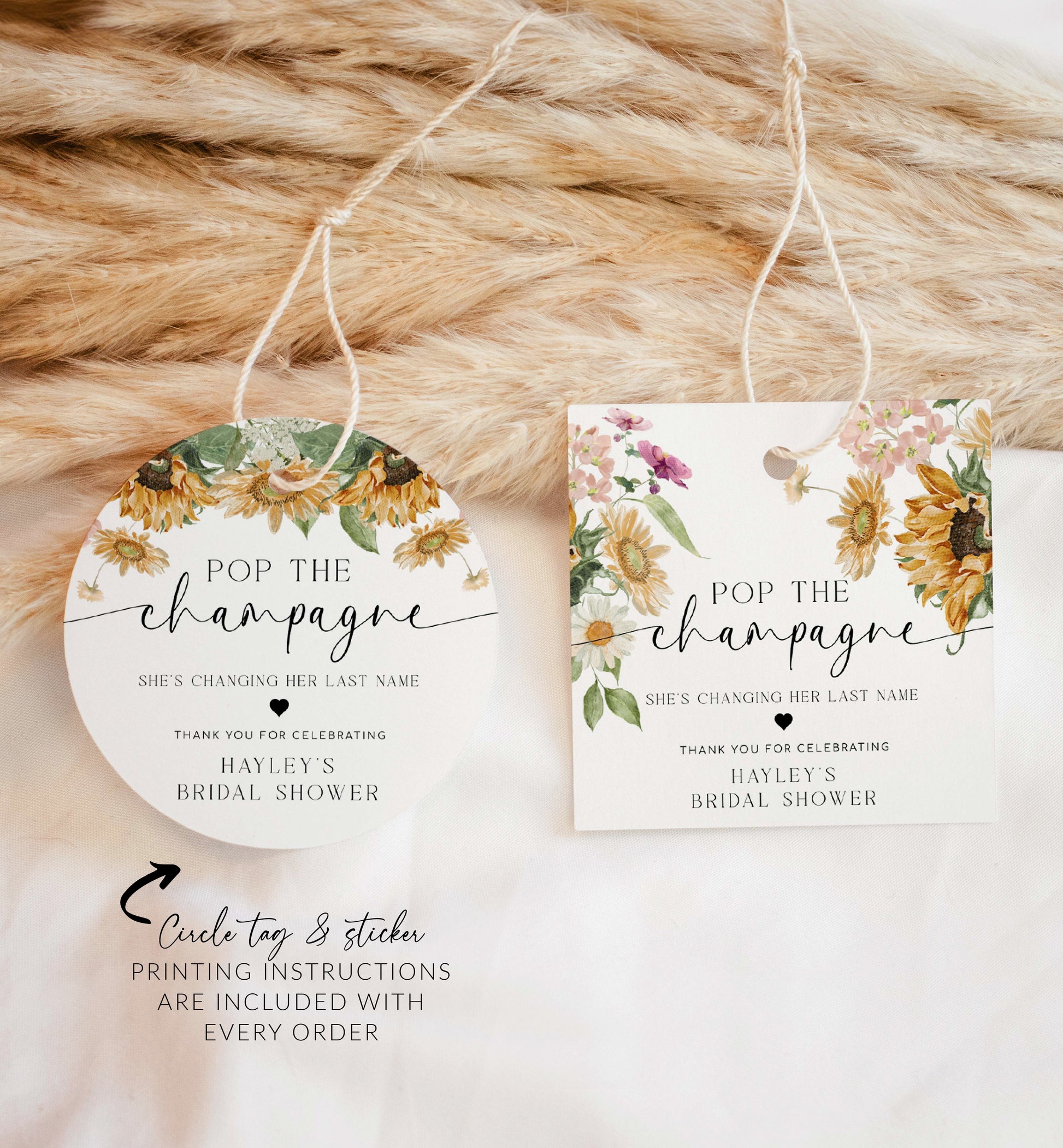 Pop The Champagne Bottle Printable Favor Tag, Fall Sunflower Bridal Shower Changing Her Last Name Favor Tag, Mini Wine Bottle, Mews