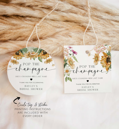 Pop The Champagne Bottle Printable Favor Tag, Fall Sunflower Bridal Shower Changing Her Last Name Favor Tag, Mini Wine Bottle, Mews