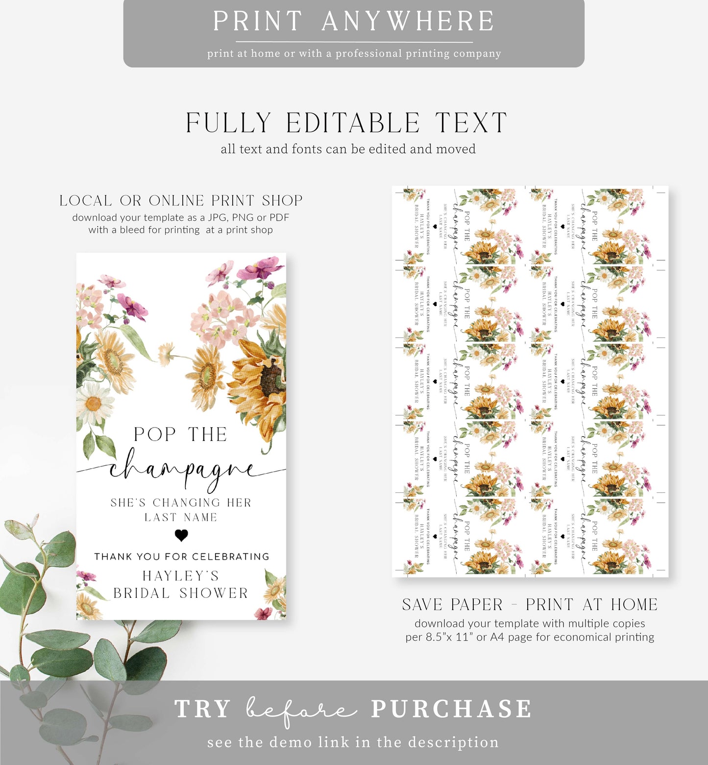 Mews Floral White | Printable Pop The Champagne Favour Tag Template
