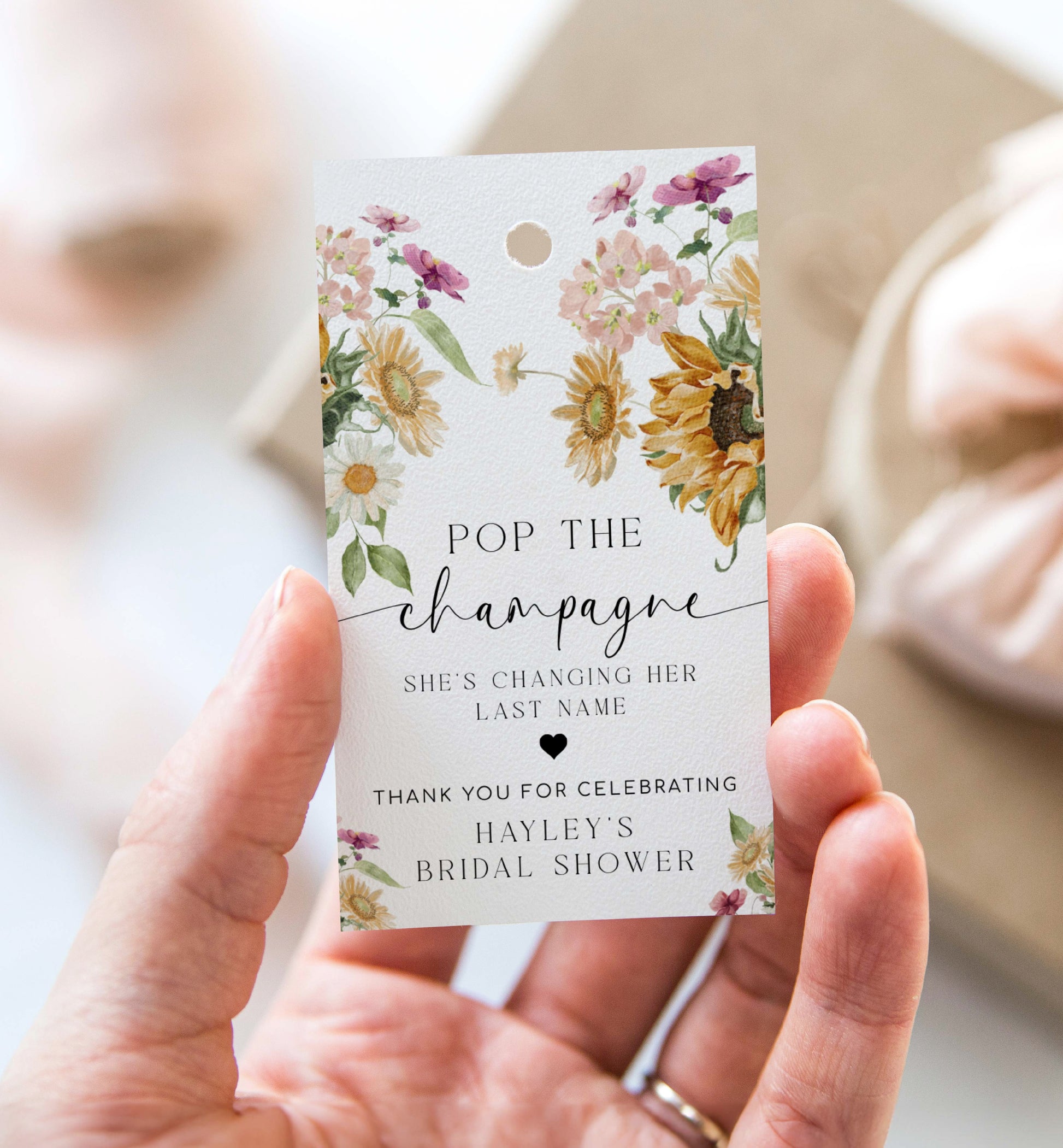 Pop The Champagne Bottle Printable Favor Tag, Fall Sunflower Bridal Shower Changing Her Last Name Favor Tag, Mini Wine Bottle, Mews