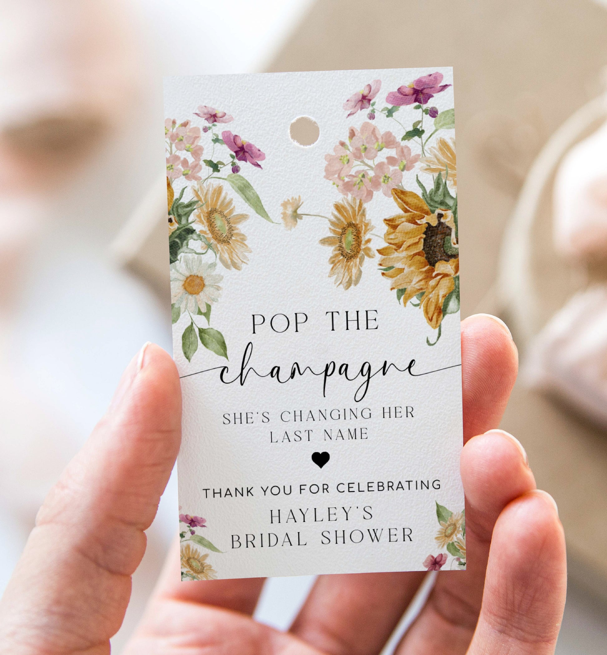 Pop The Champagne Bottle Printable Favor Tag, Fall Sunflower Bridal Shower Changing Her Last Name Favor Tag, Mini Wine Bottle, Mews