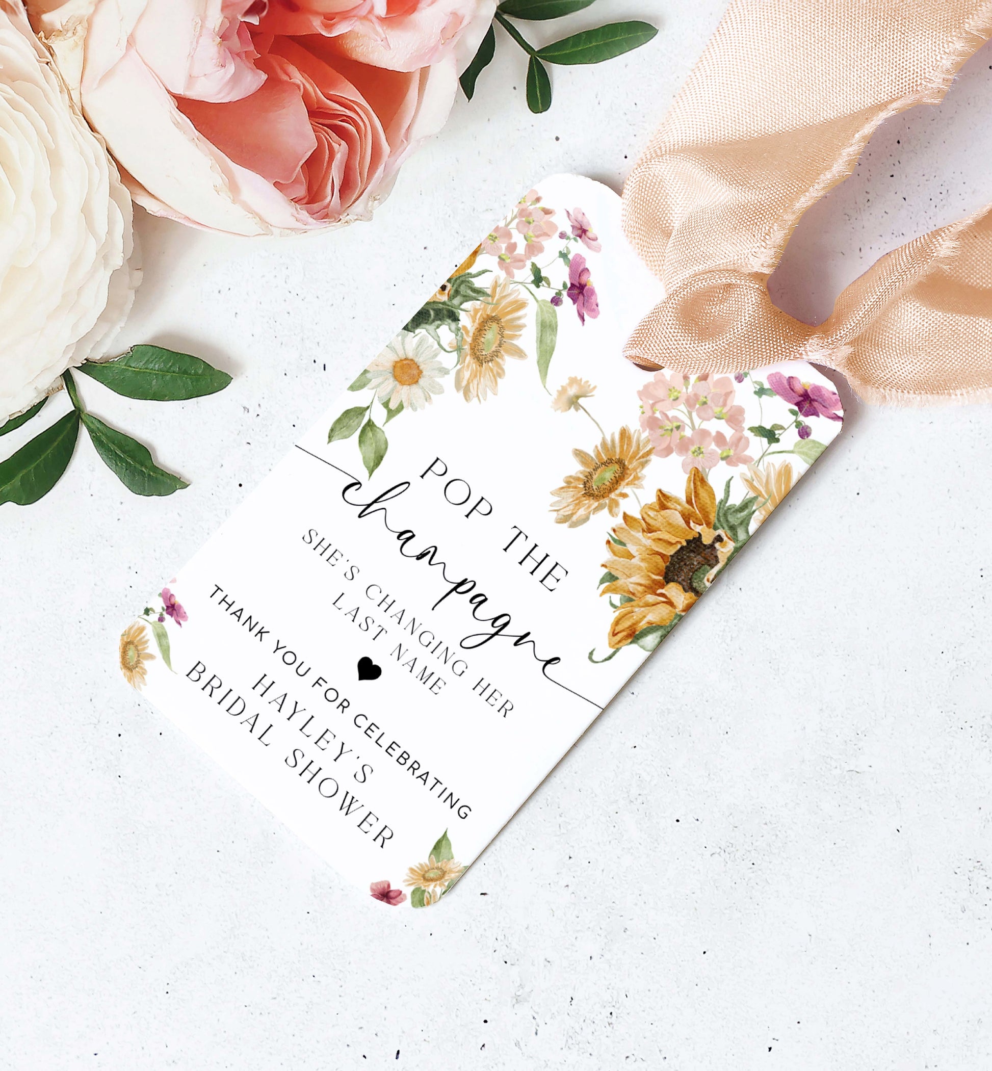 Pop The Champagne Bottle Printable Favor Tag, Fall Sunflower Bridal Shower Changing Her Last Name Favor Tag, Mini Wine Bottle, Mews